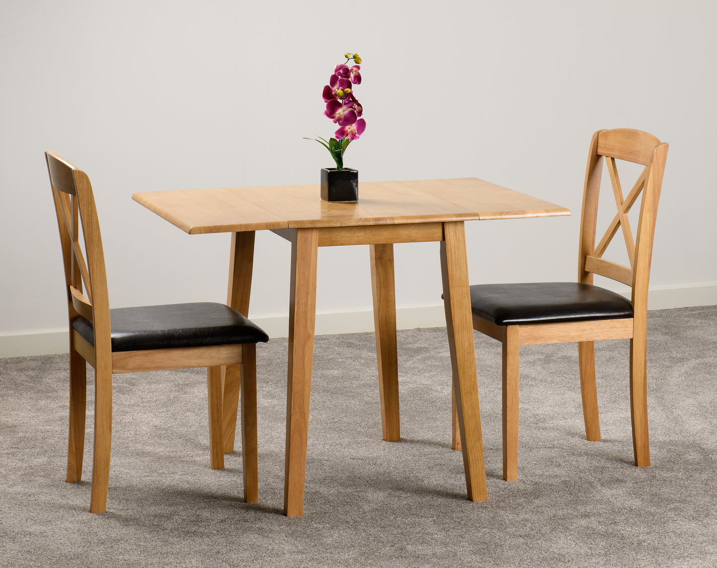 MASON DOUBLE DROP LEAF DINING SET - OAK VARNISH/BROWN FAUX LEATHER