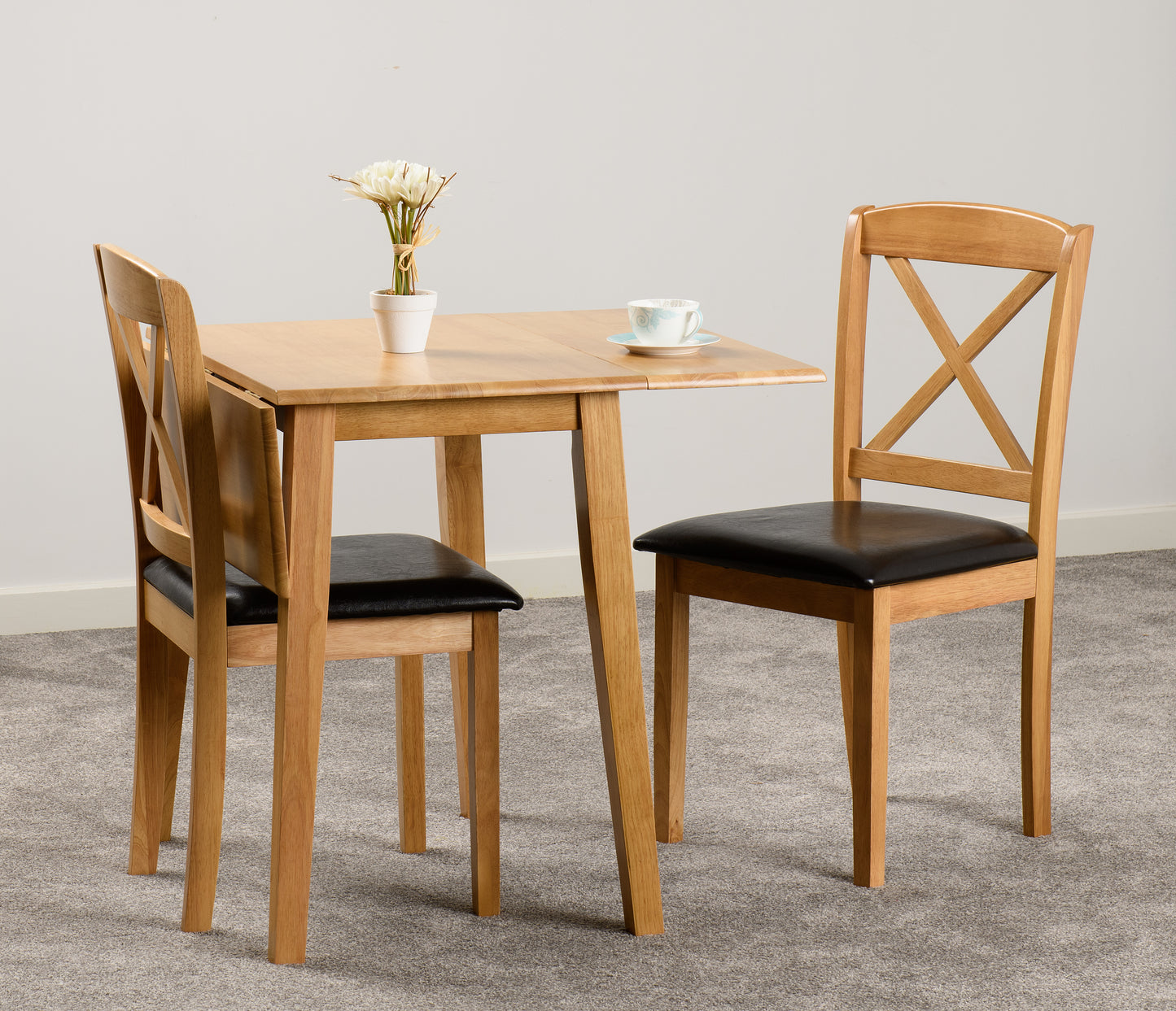 MASON DOUBLE DROP LEAF DINING SET - OAK VARNISH/BROWN FAUX LEATHER