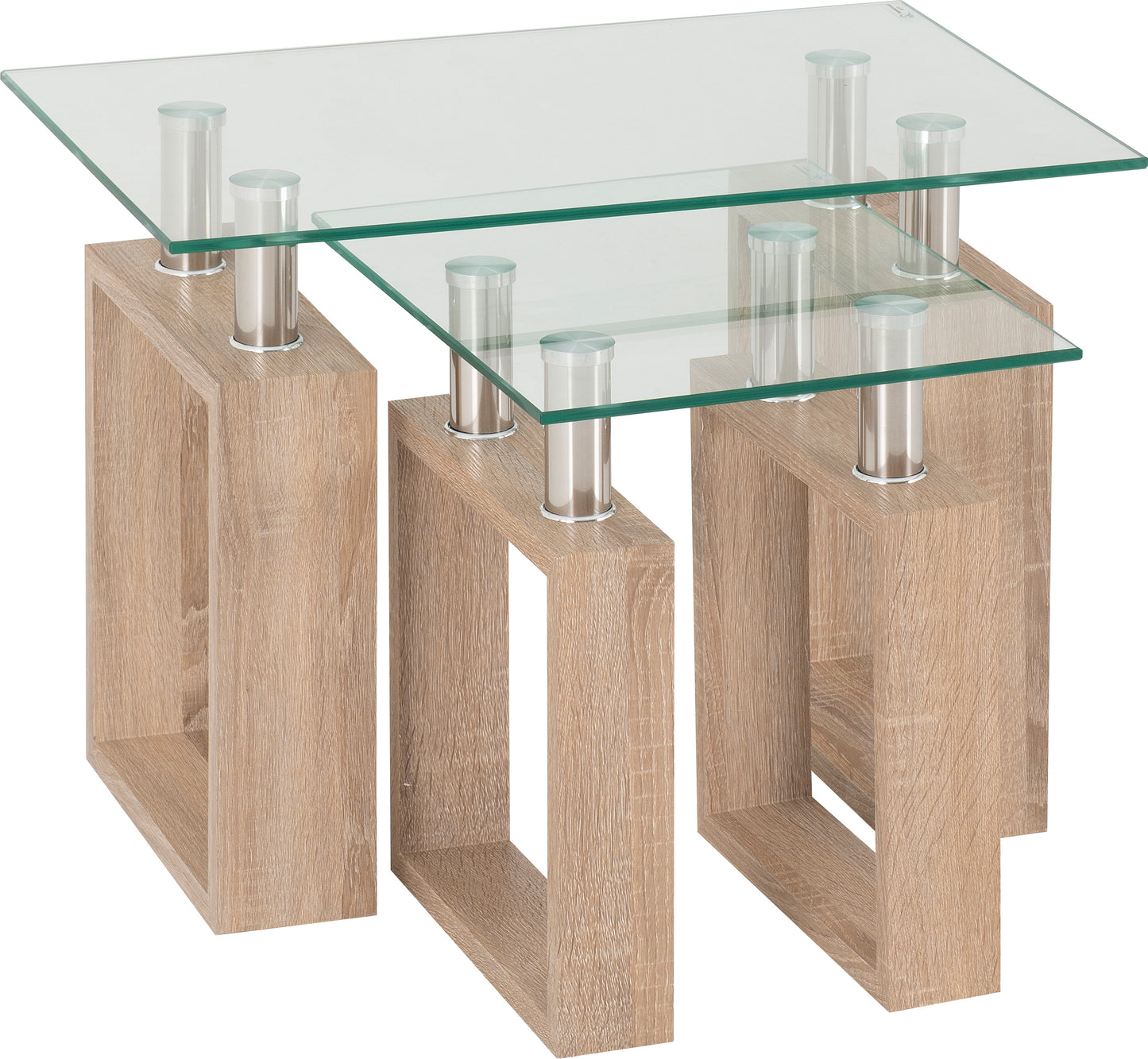 MILAN NEST OF TABLES - SONOMA OAK EFFECT VENEER/CLEAR GLASS/SILVER