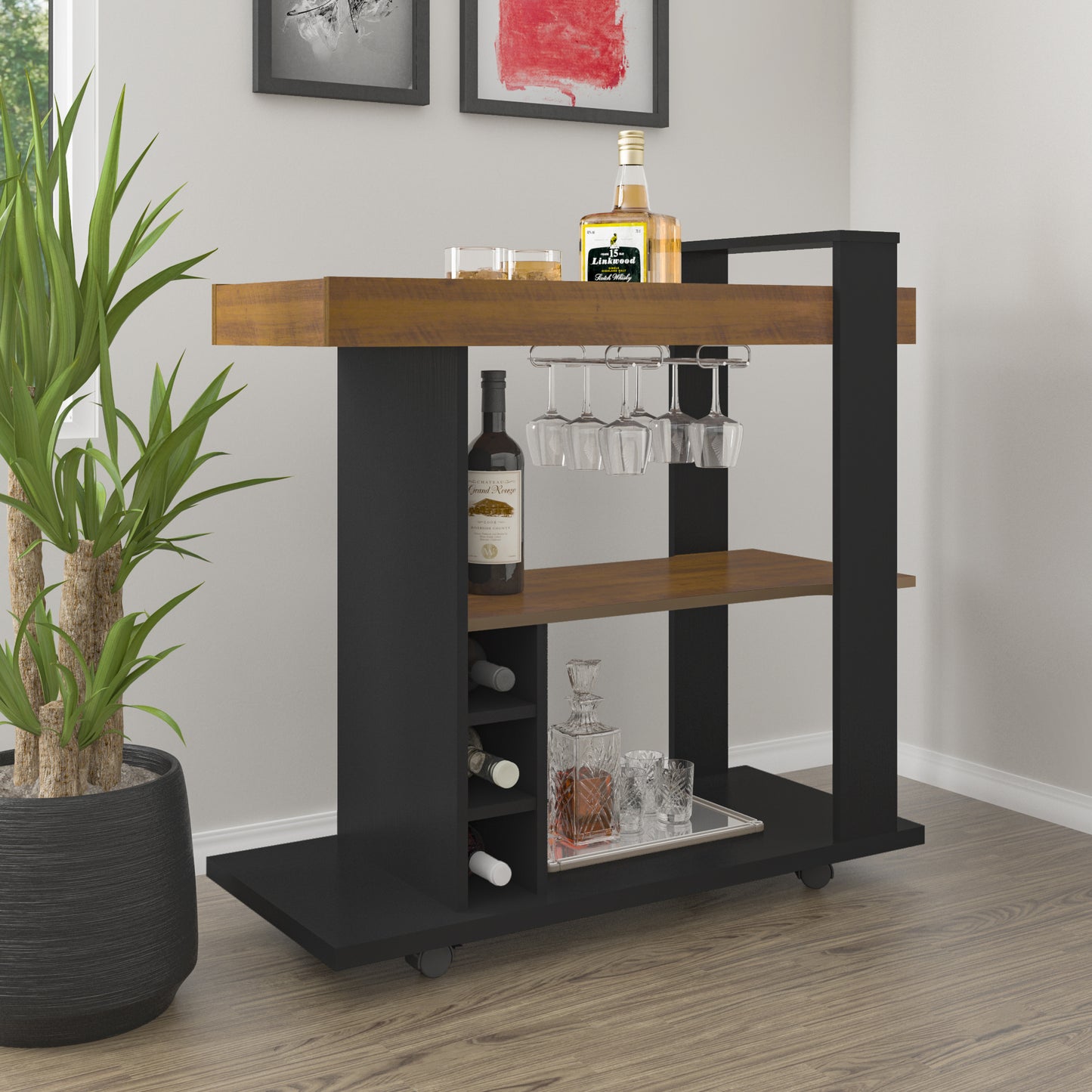 NAPLES BREAKFAST BAR/DRINKS CART - BLACK/PINE EFFECT BLACK/PINE EFFECT