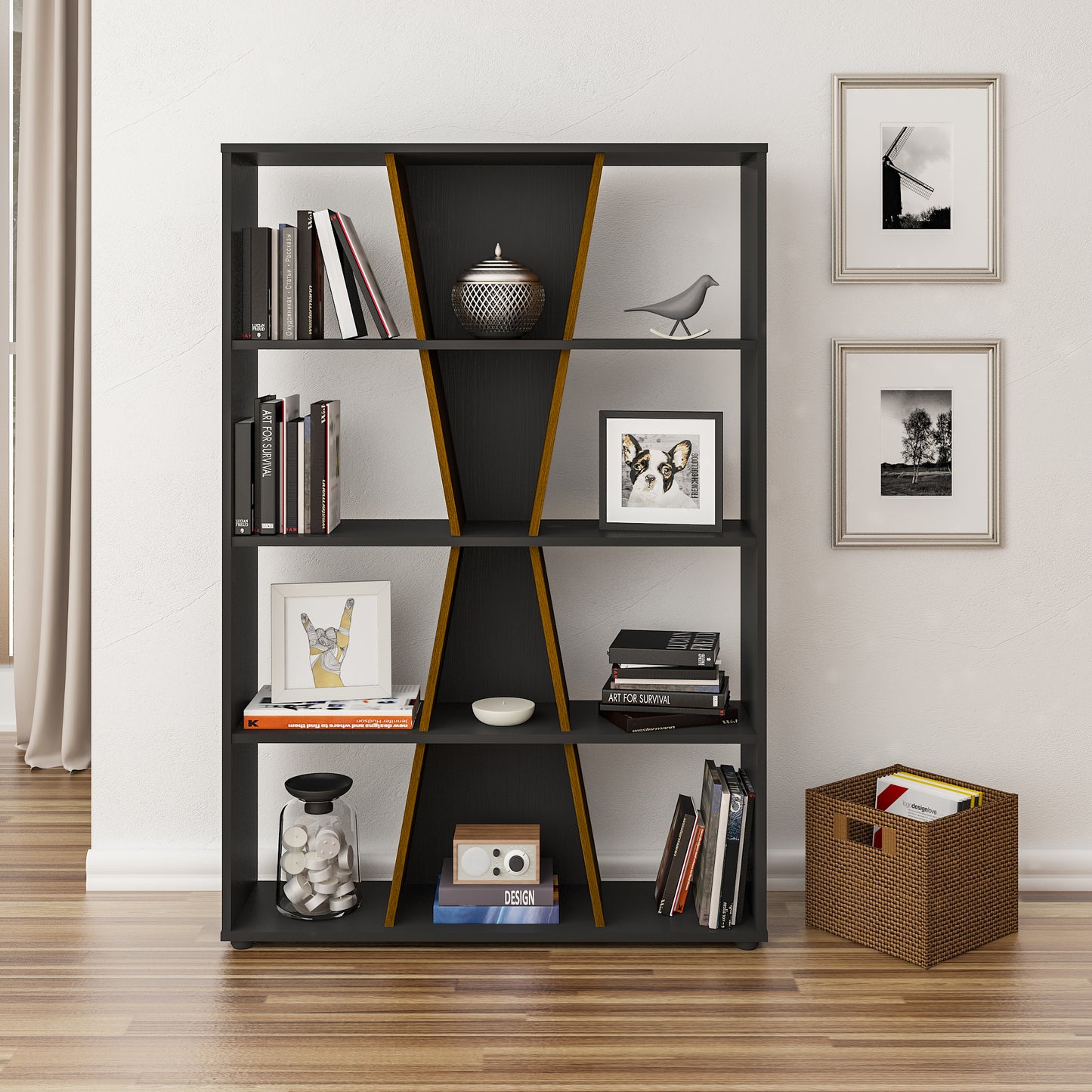 NAPLES MEDIUM BOOKCASE - BLACK/PINE EFFECT