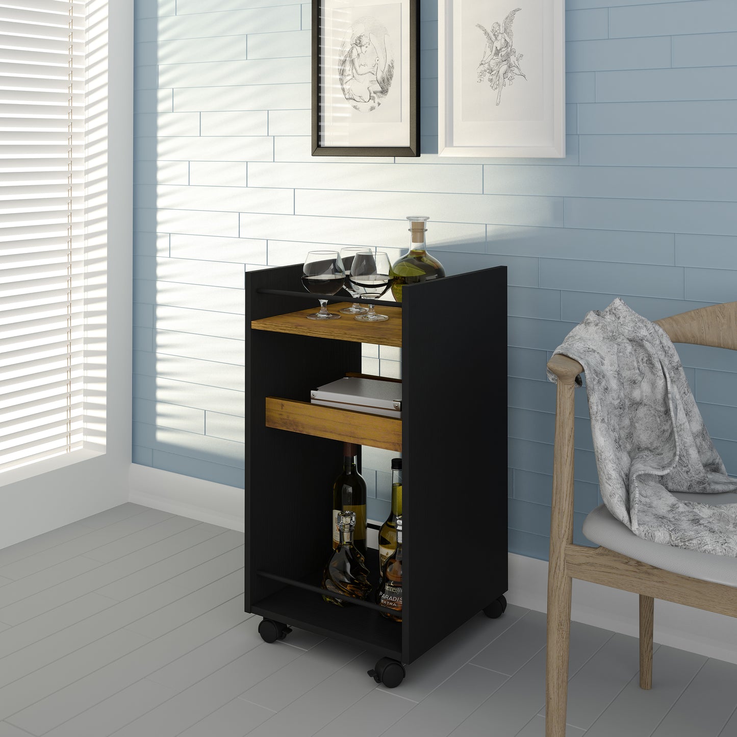 NAPLES SERVING CART/SIDE TABLE - BLACK/PINE EFFECT