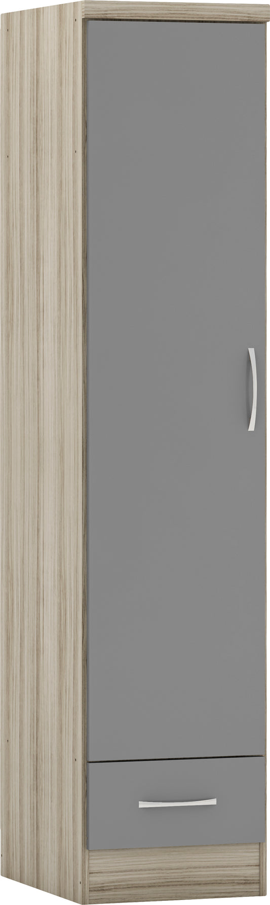 NEVADA 1 DOOR 1 DRAWER WARDROBE - GREY GLOSS/LIGHT OAK EFFECT VENEER