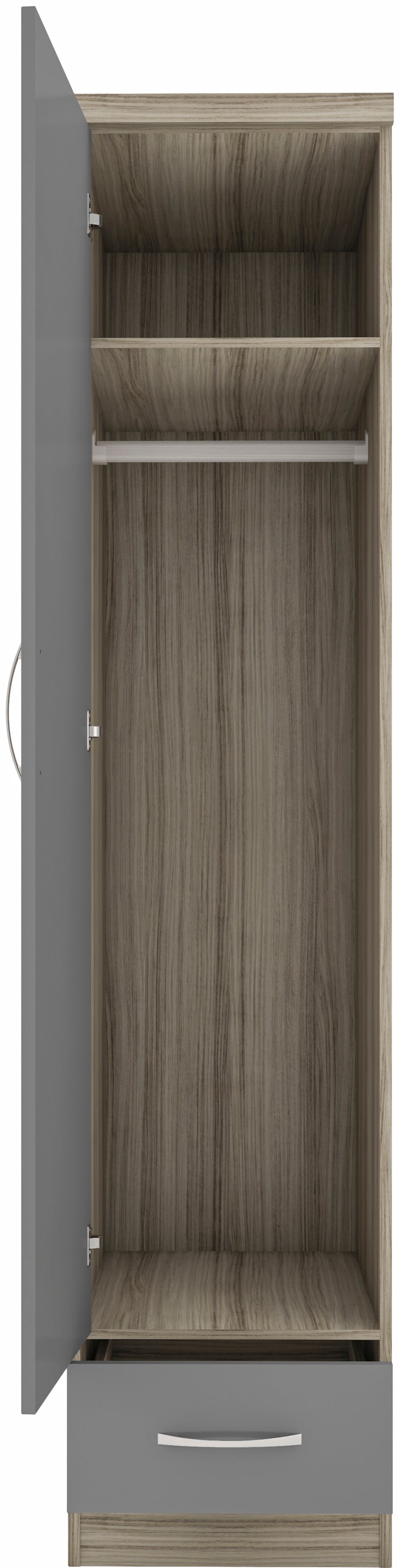 NEVADA 1 DOOR 1 DRAWER WARDROBE - GREY GLOSS/LIGHT OAK EFFECT VENEER