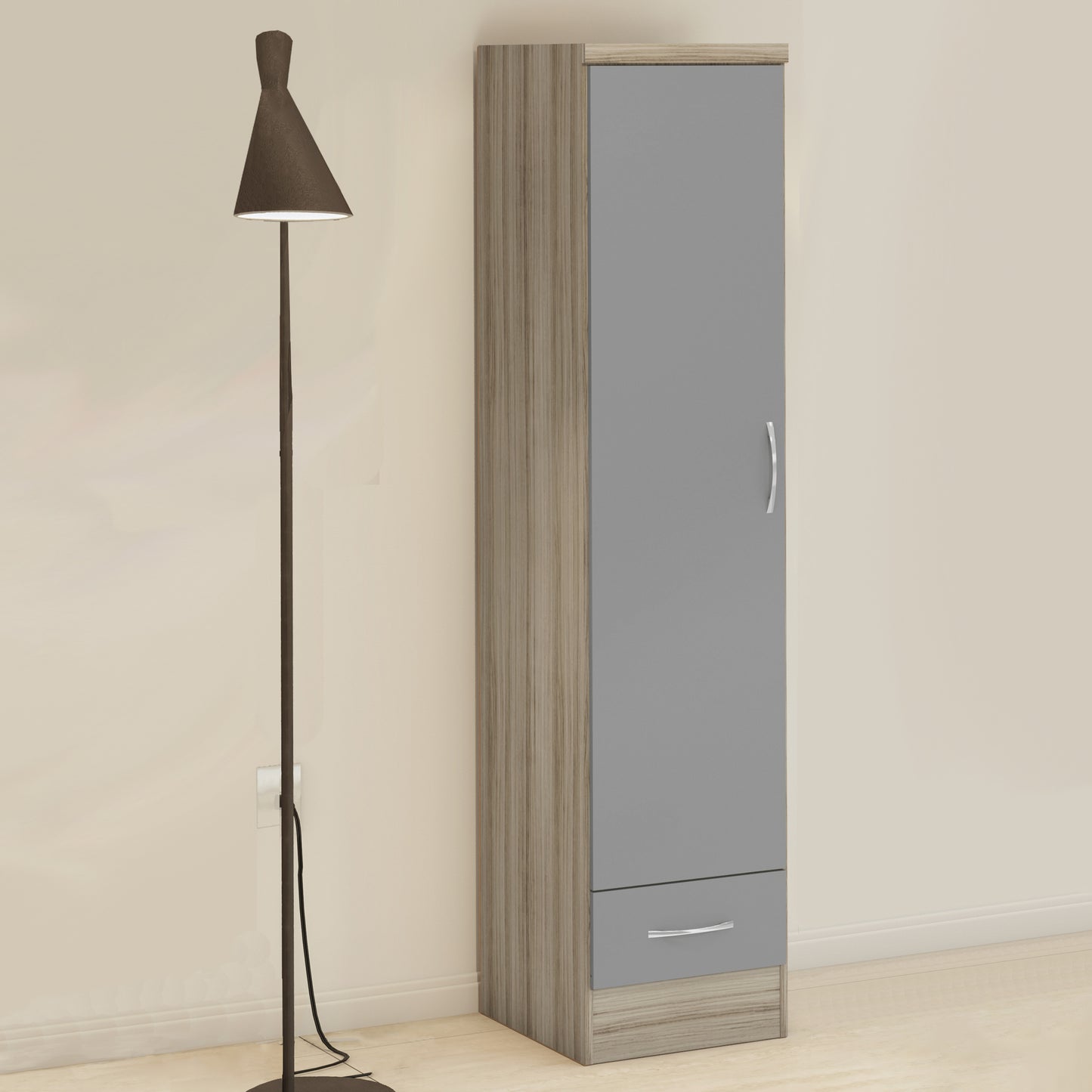 NEVADA 1 DOOR 1 DRAWER WARDROBE - GREY GLOSS/LIGHT OAK EFFECT VENEER