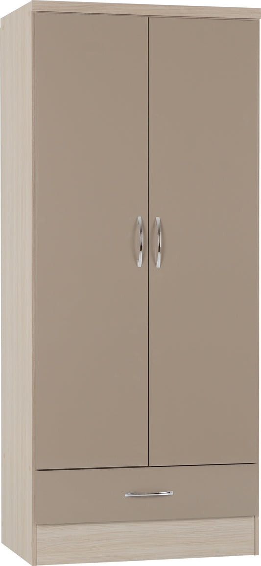 NEVADA 2 DOOR 1 DRAWER WARDROBE - OYSTER GLOSS/LIGHT OAK EFFECT VENEER