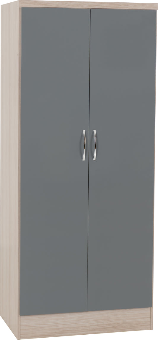 NEVADA 2 DOOR ALL HANGING WARDROBE - GREY GLOSS/LIGHT OAK EFFECT VENEER