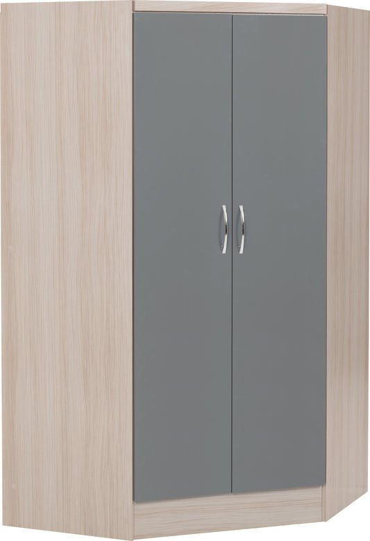 NEVADA 2 DOOR CORNER WARDROBE - GREY GLOSS/LIGHT OAK EFFECT VENEER