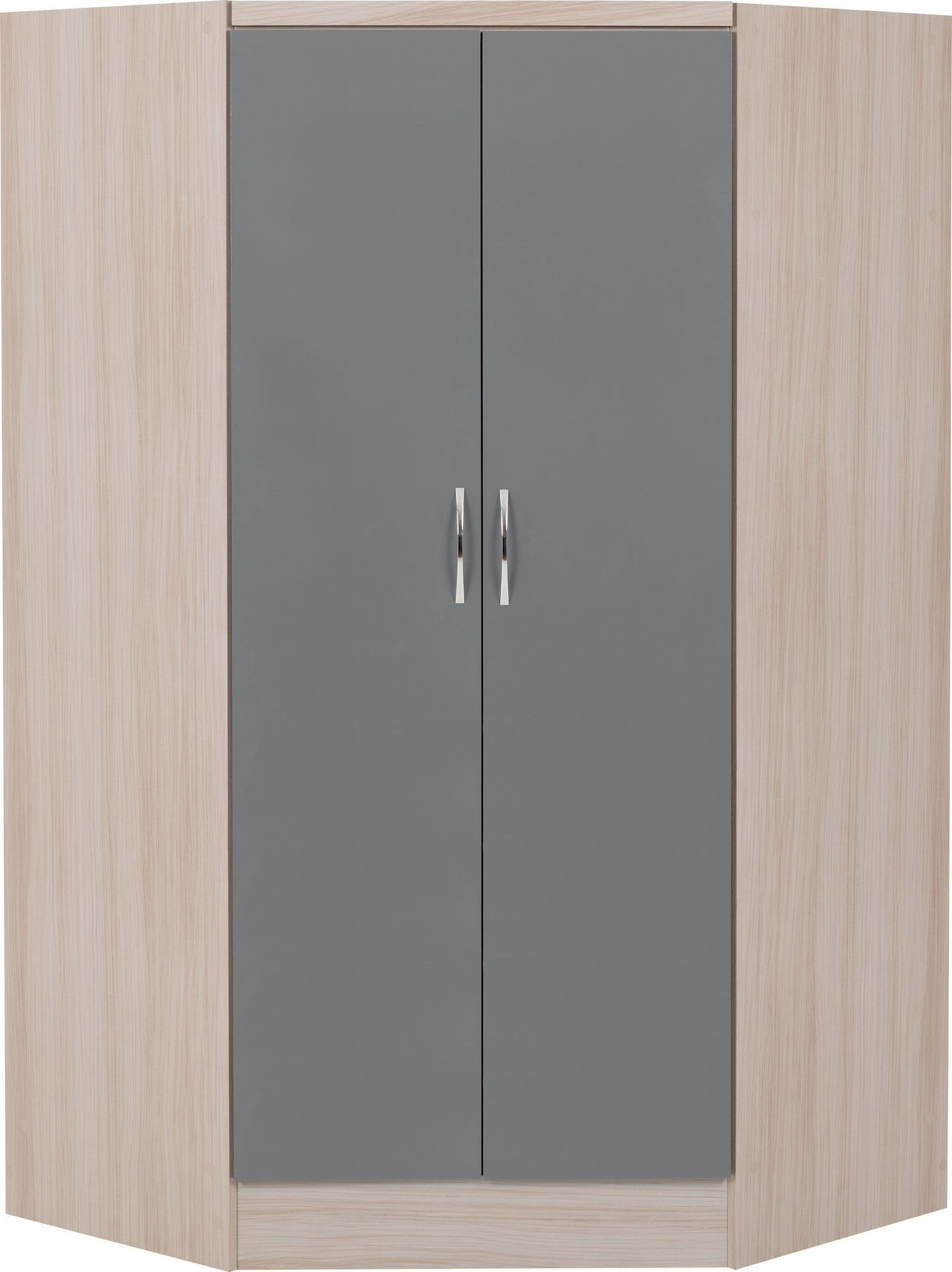 NEVADA 2 DOOR CORNER WARDROBE - GREY GLOSS/LIGHT OAK EFFECT VENEER