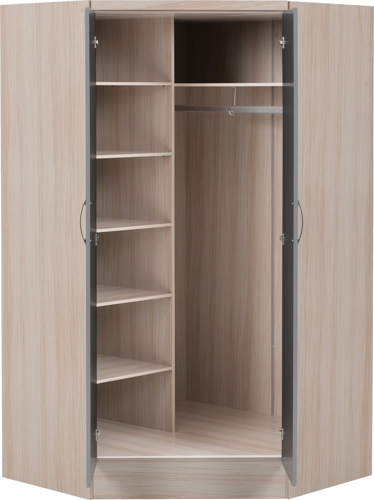 NEVADA 2 DOOR CORNER WARDROBE - GREY GLOSS/LIGHT OAK EFFECT VENEER