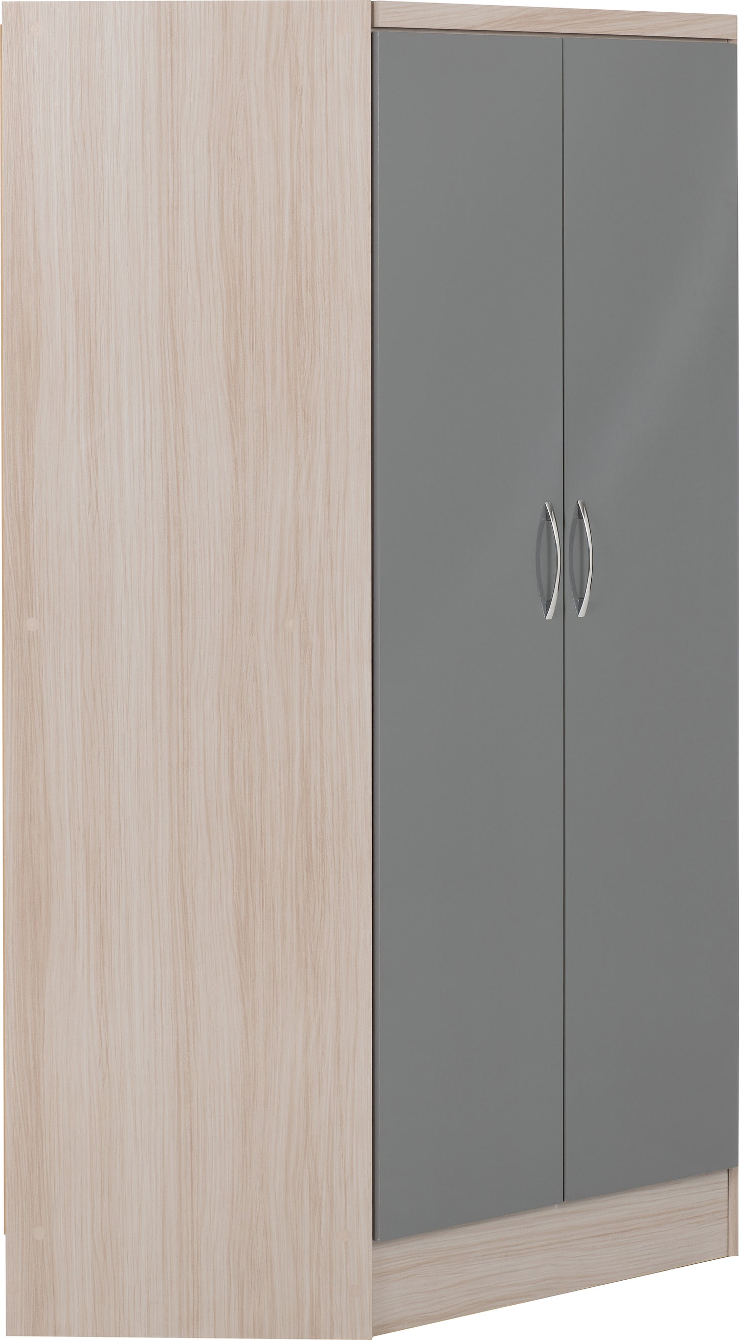 NEVADA 2 DOOR CORNER WARDROBE - GREY GLOSS/LIGHT OAK EFFECT VENEER