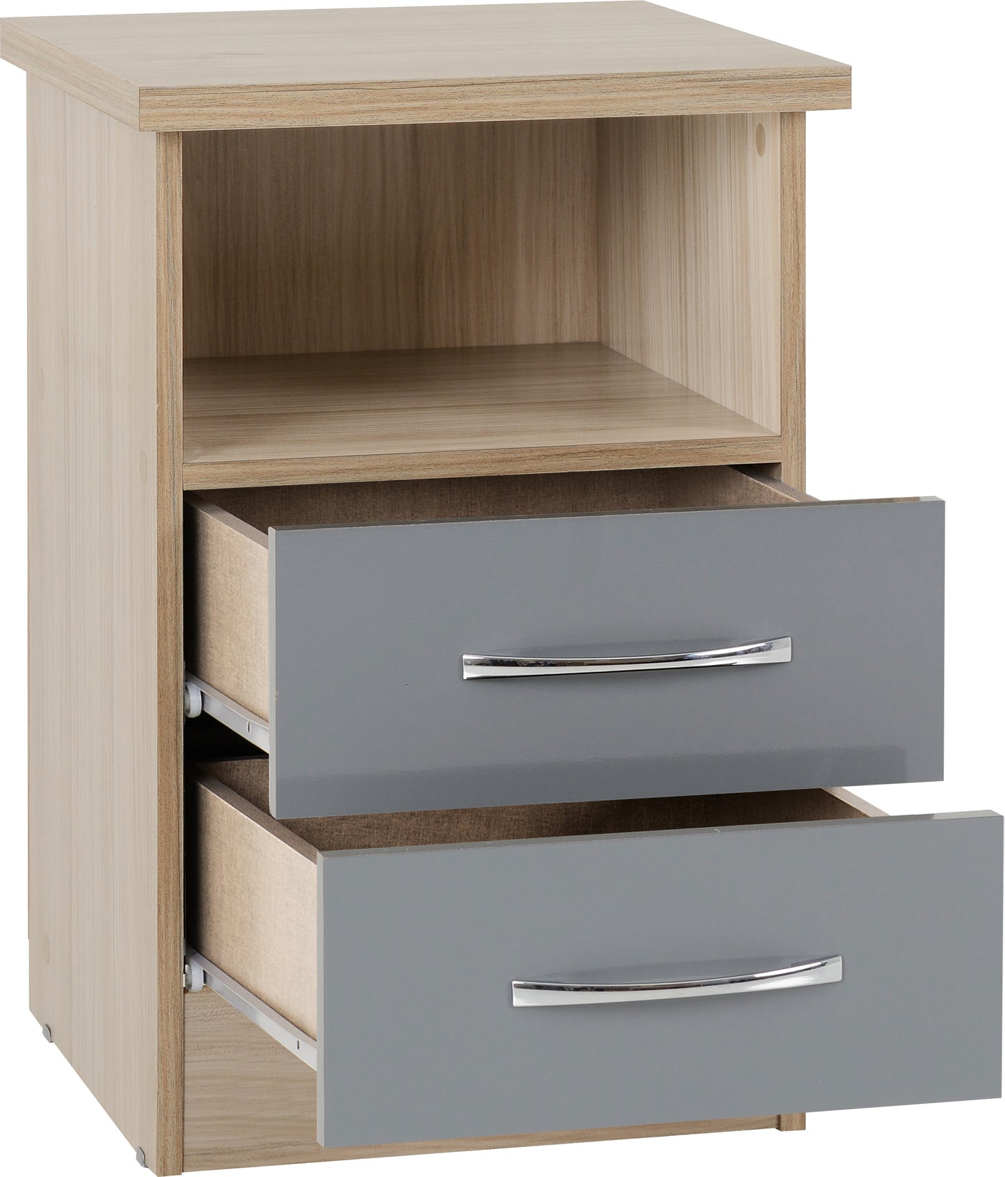 NEVADA 2 DRAWER BEDSIDE - GREY GLOSS/LIGHT OAK EFFECT VENEER