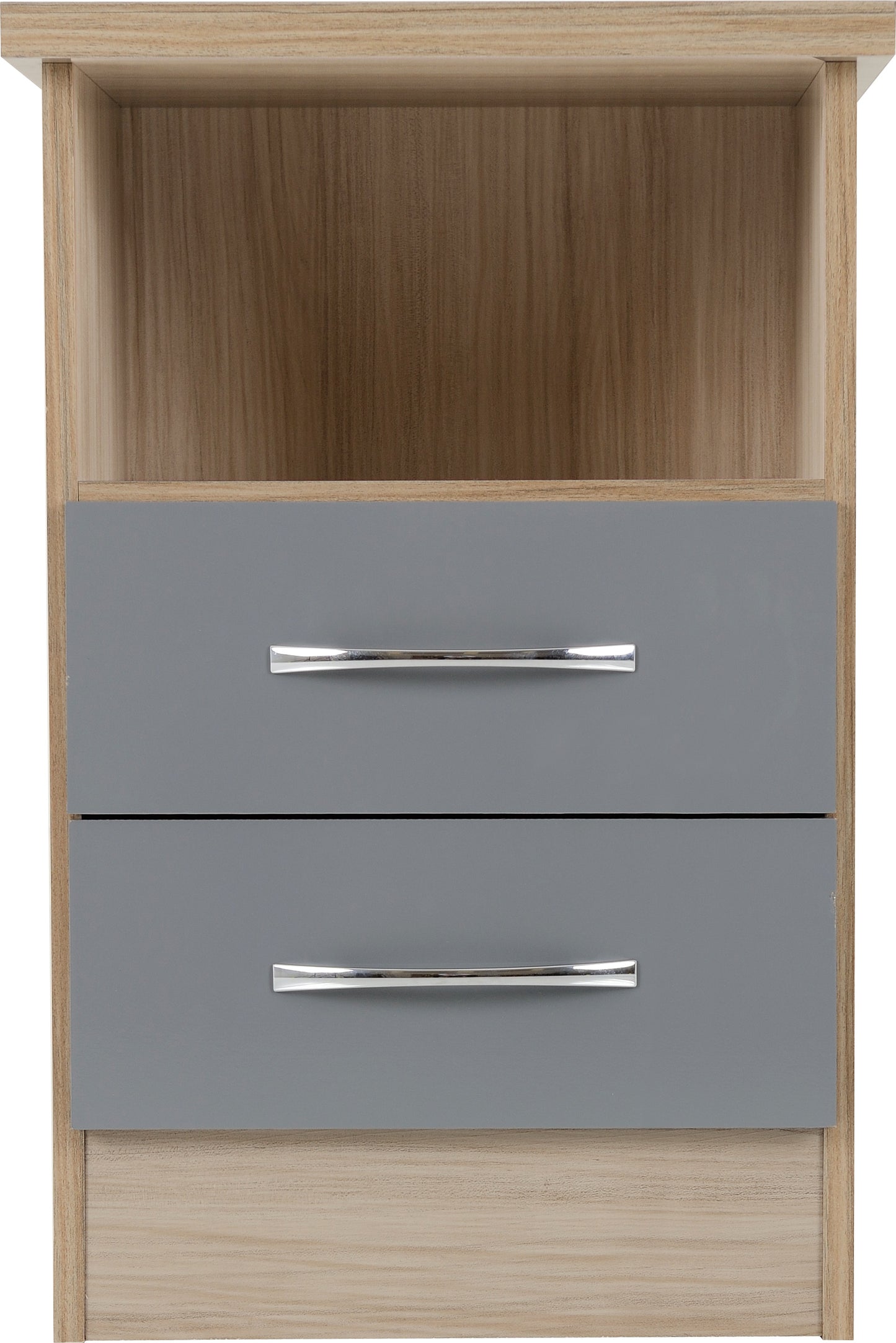 NEVADA 2 DRAWER BEDSIDE - GREY GLOSS/LIGHT OAK EFFECT VENEER