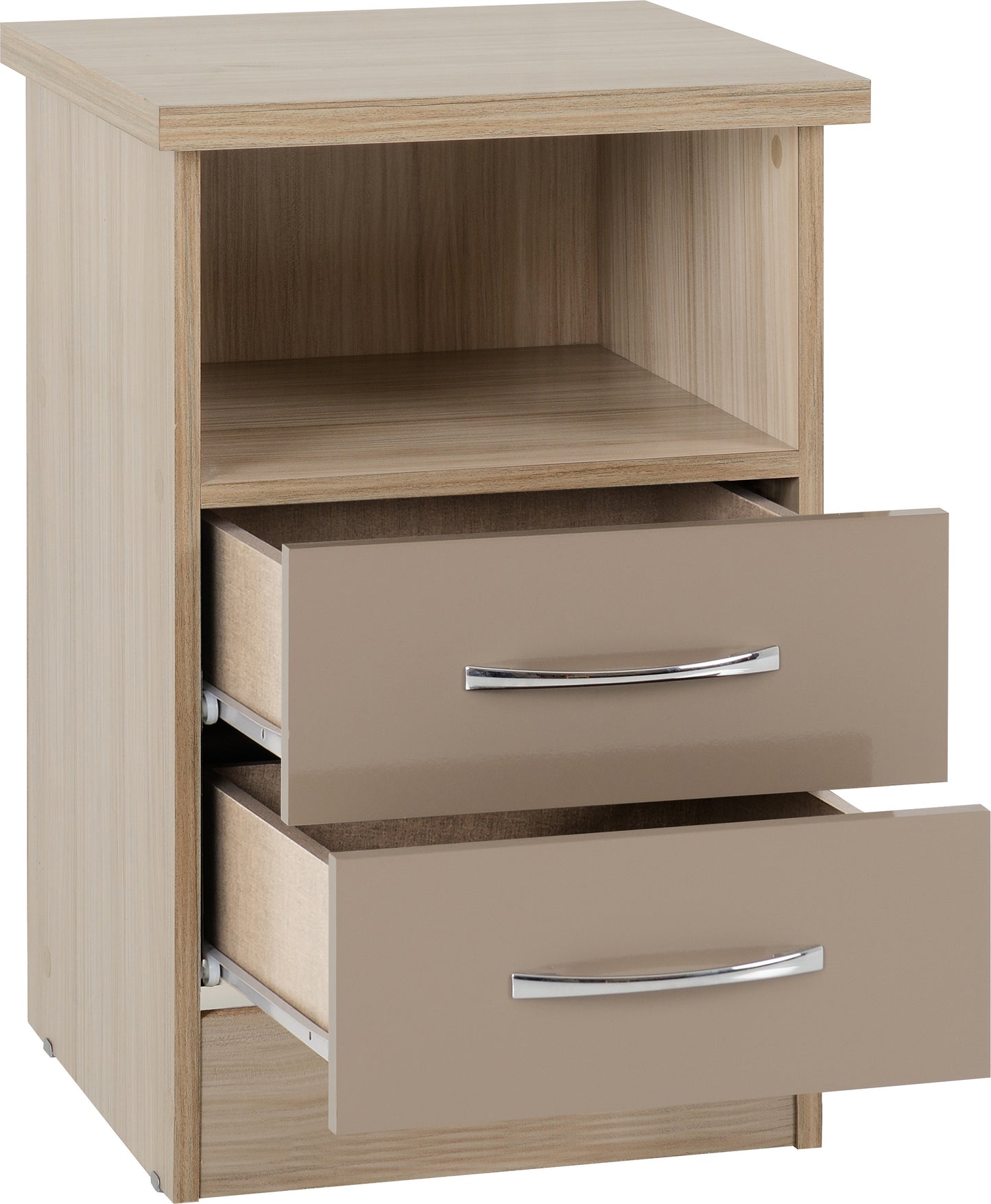 NEVADA 2 DRAWER BEDSIDE - OYSTER GLOSS/LIGHT OAK EFFECT VENEER