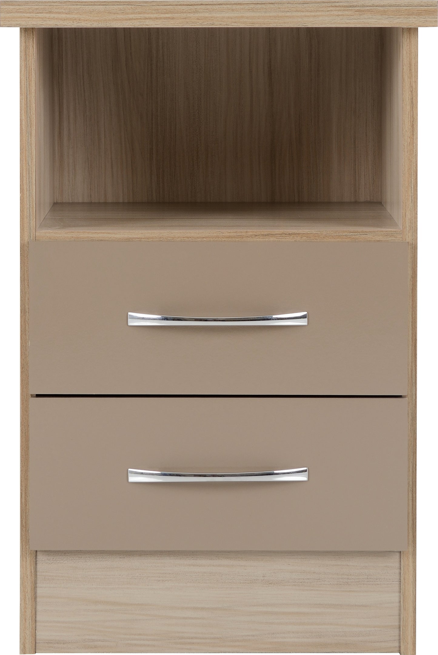 NEVADA 2 DRAWER BEDSIDE - OYSTER GLOSS/LIGHT OAK EFFECT VENEER