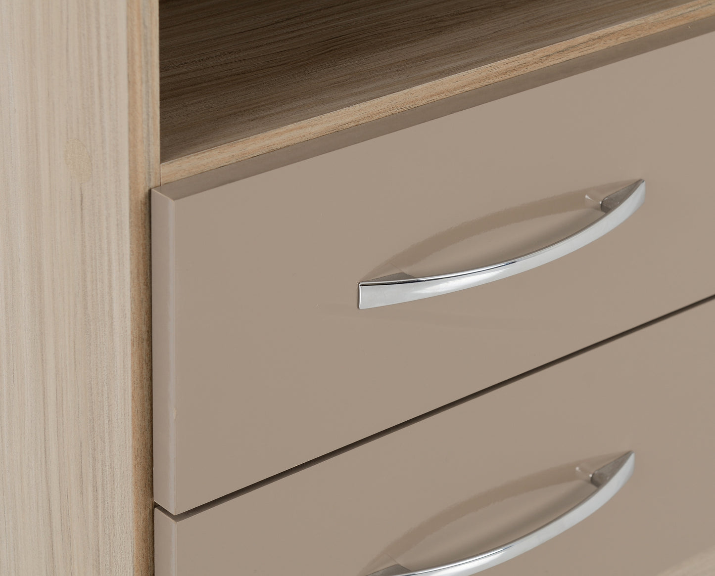 NEVADA 2 DRAWER BEDSIDE - OYSTER GLOSS/LIGHT OAK EFFECT VENEER