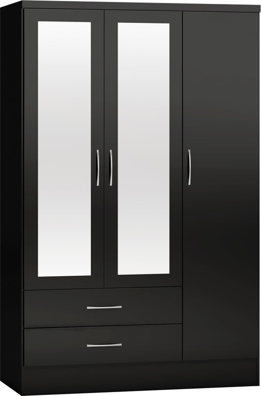 NEVADA 3 DOOR 2 DRAWER MIRRORED WARDROBE - BLACK GLOSS