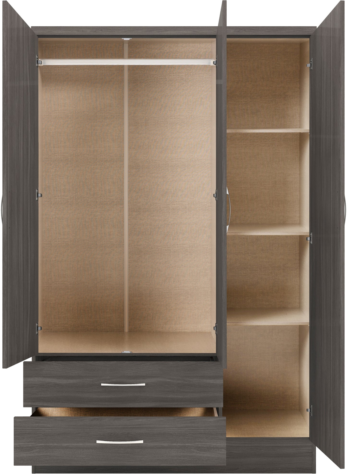 NEVADA 3 DOOR 2 DRAWER MIRRORED WARDROBE - BLACK WOOD GRAIN