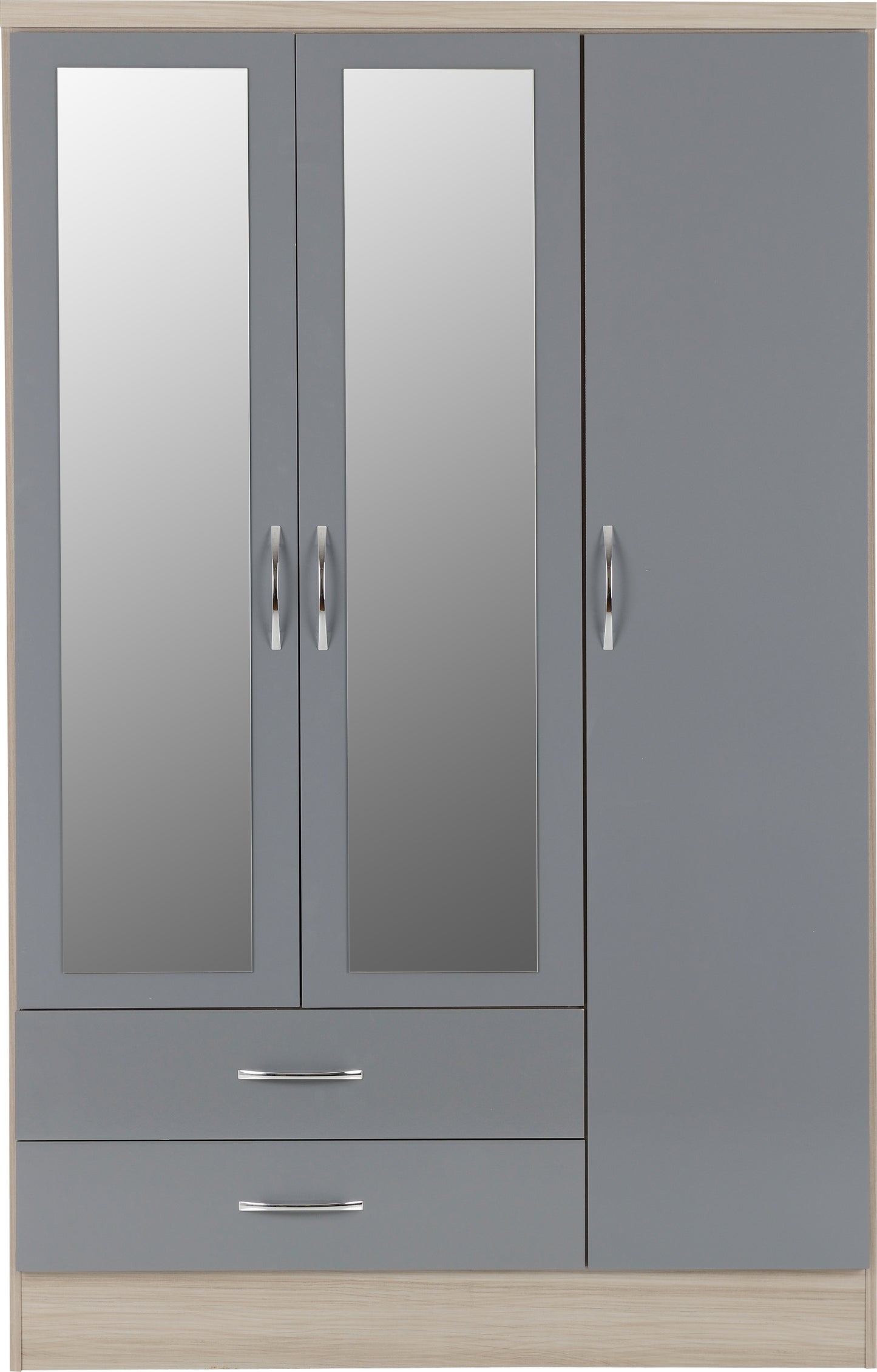 NEVADA 3 DOOR 2 DRAWER MIRRORED WARDROBE - GREY GLOSS/LIGHT OAK EFFECT VENEER