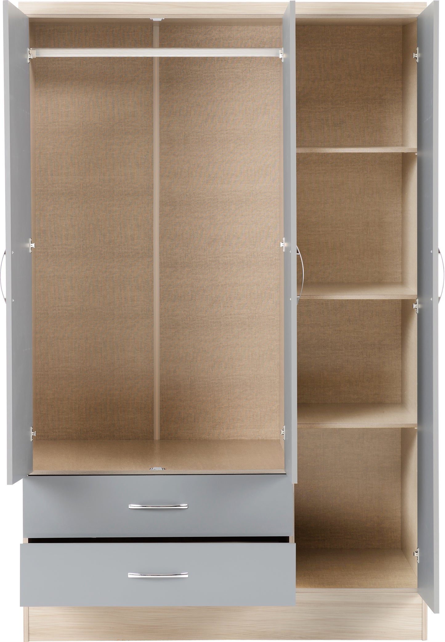 NEVADA 3 DOOR 2 DRAWER MIRRORED WARDROBE - GREY GLOSS/LIGHT OAK EFFECT VENEER