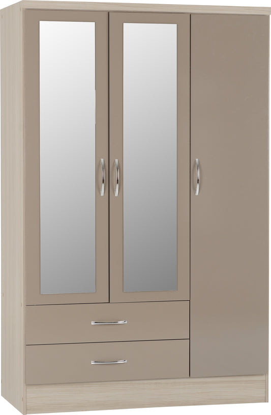 NEVADA 3 DOOR 2 DRAWER MIRRORED WARDROBE - OYSTER GLOSS/LIGHT OAK EFFECT VENEER