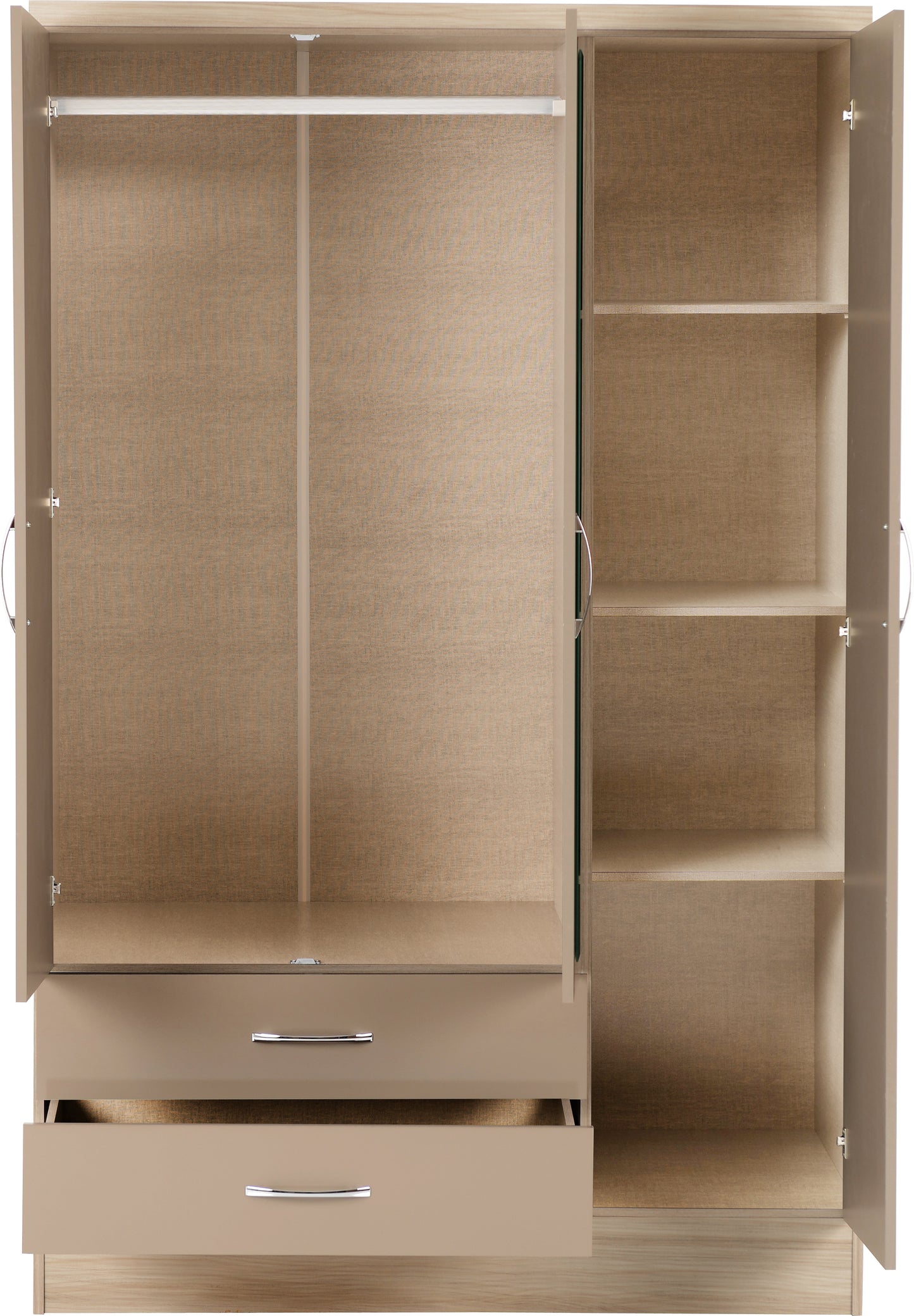 NEVADA 3 DOOR 2 DRAWER MIRRORED WARDROBE - OYSTER GLOSS/LIGHT OAK EFFECT VENEER