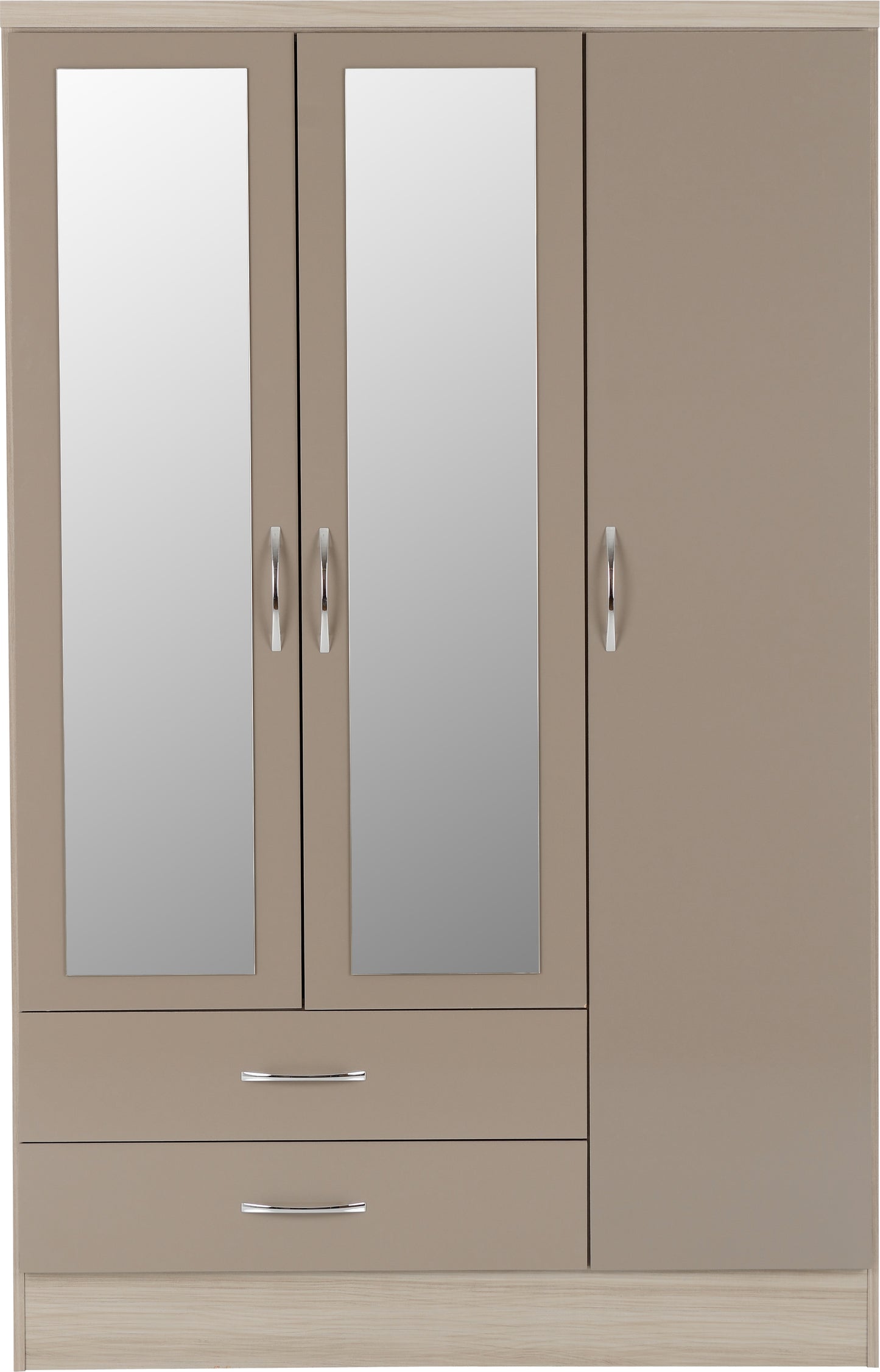 NEVADA 3 DOOR 2 DRAWER MIRRORED WARDROBE - OYSTER GLOSS/LIGHT OAK EFFECT VENEER