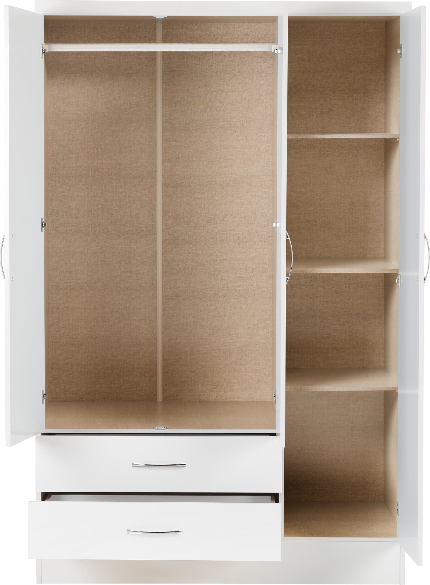 NEVADA 3 DOOR 2 DRAWER MIRRORED WARDROBE - WHITE GLOSS