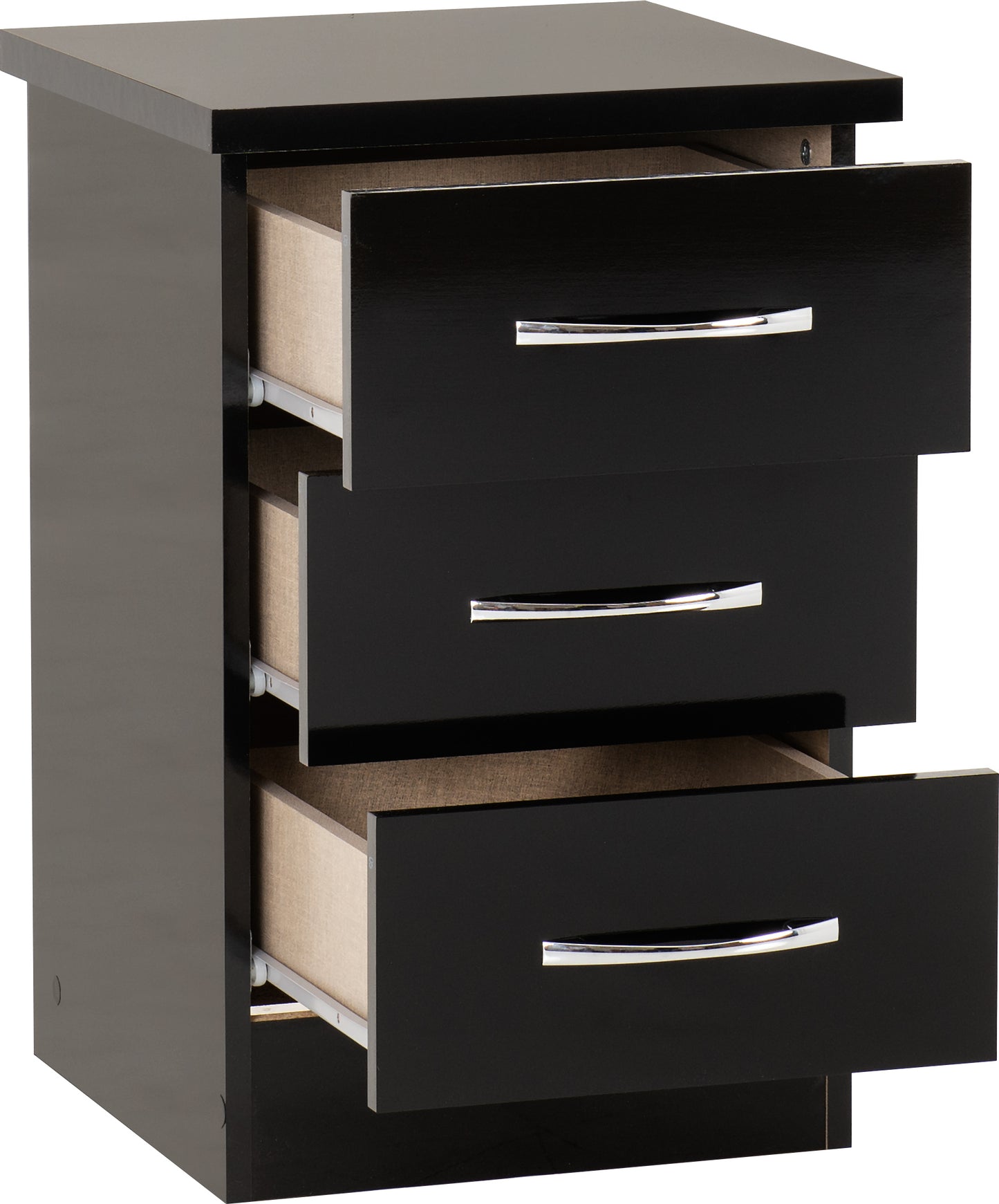 NEVADA 3 DRAWER BEDSIDE - BLACK GLOSS