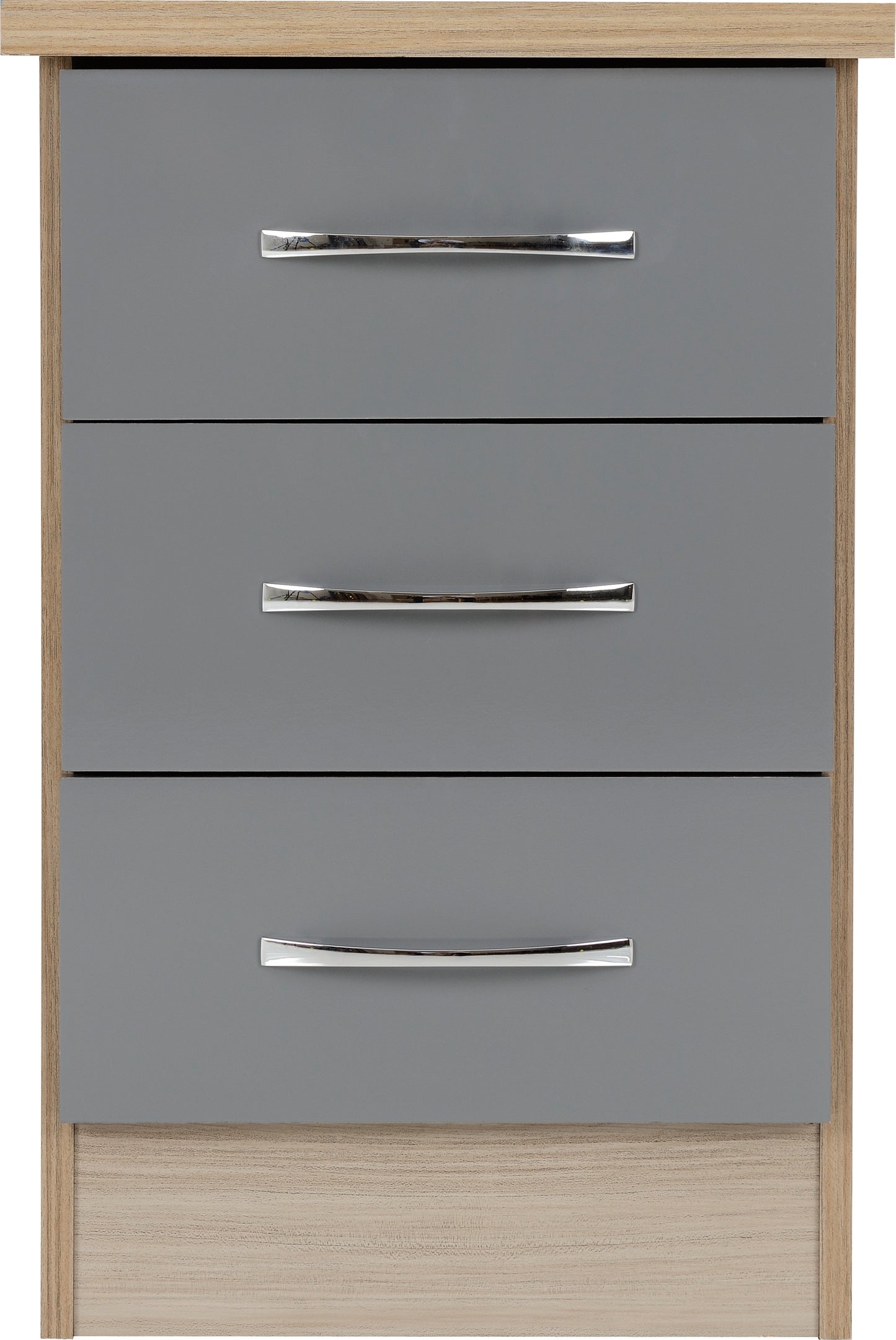 NEVADA 3 DRAWER BEDSIDE - GREY GLOSS/LIGHT OAK EFFECT VENEER