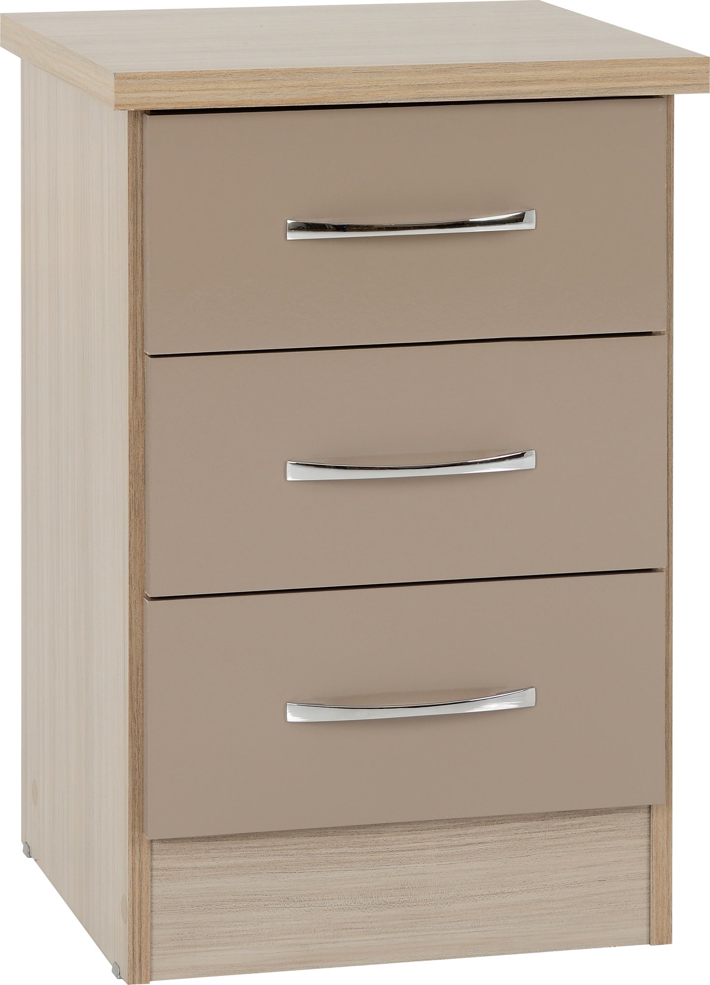 NEVADA 3 DRAWER BEDSIDE - OYSTER GLOSS/LIGHT OAK EFFECT VENEER