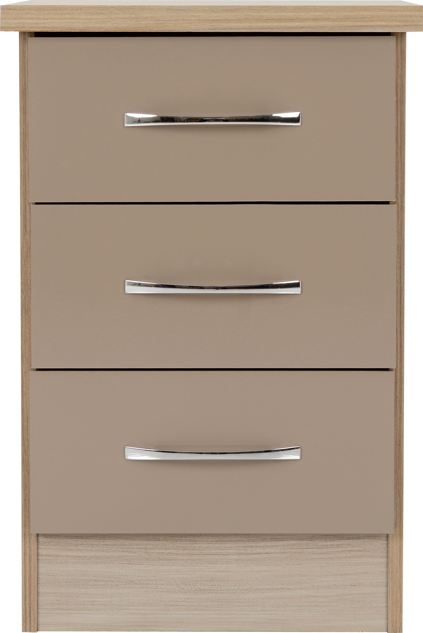 NEVADA 3 DRAWER BEDSIDE - OYSTER GLOSS/LIGHT OAK EFFECT VENEER