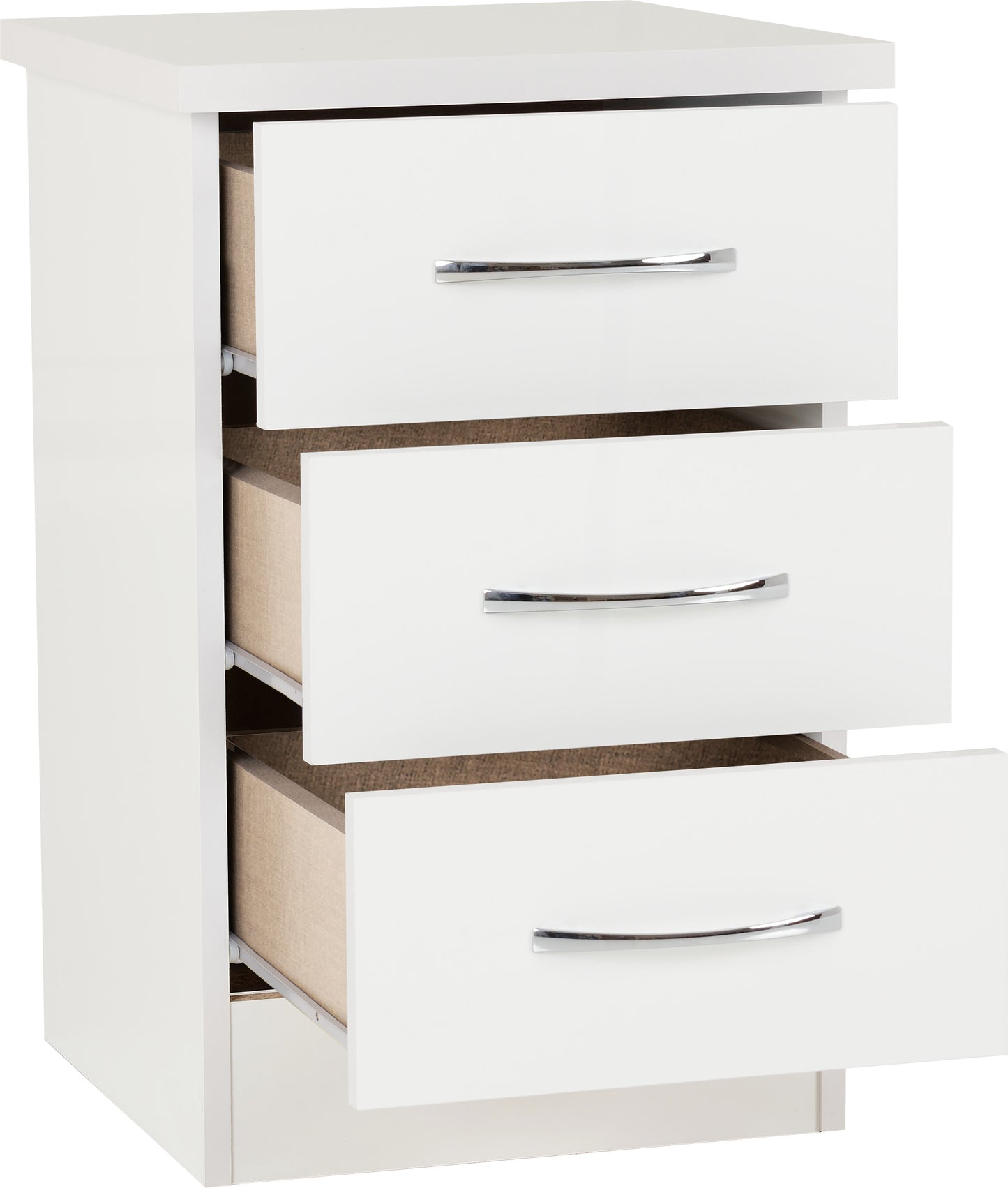 NEVADA 3 DRAWER BEDSIDE - WHITE GLOSS