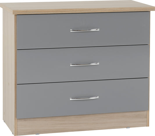 NEVADA 3 DRAWER CHEST - GREY GLOSS/LIGHT OAK EFFECT VENEER