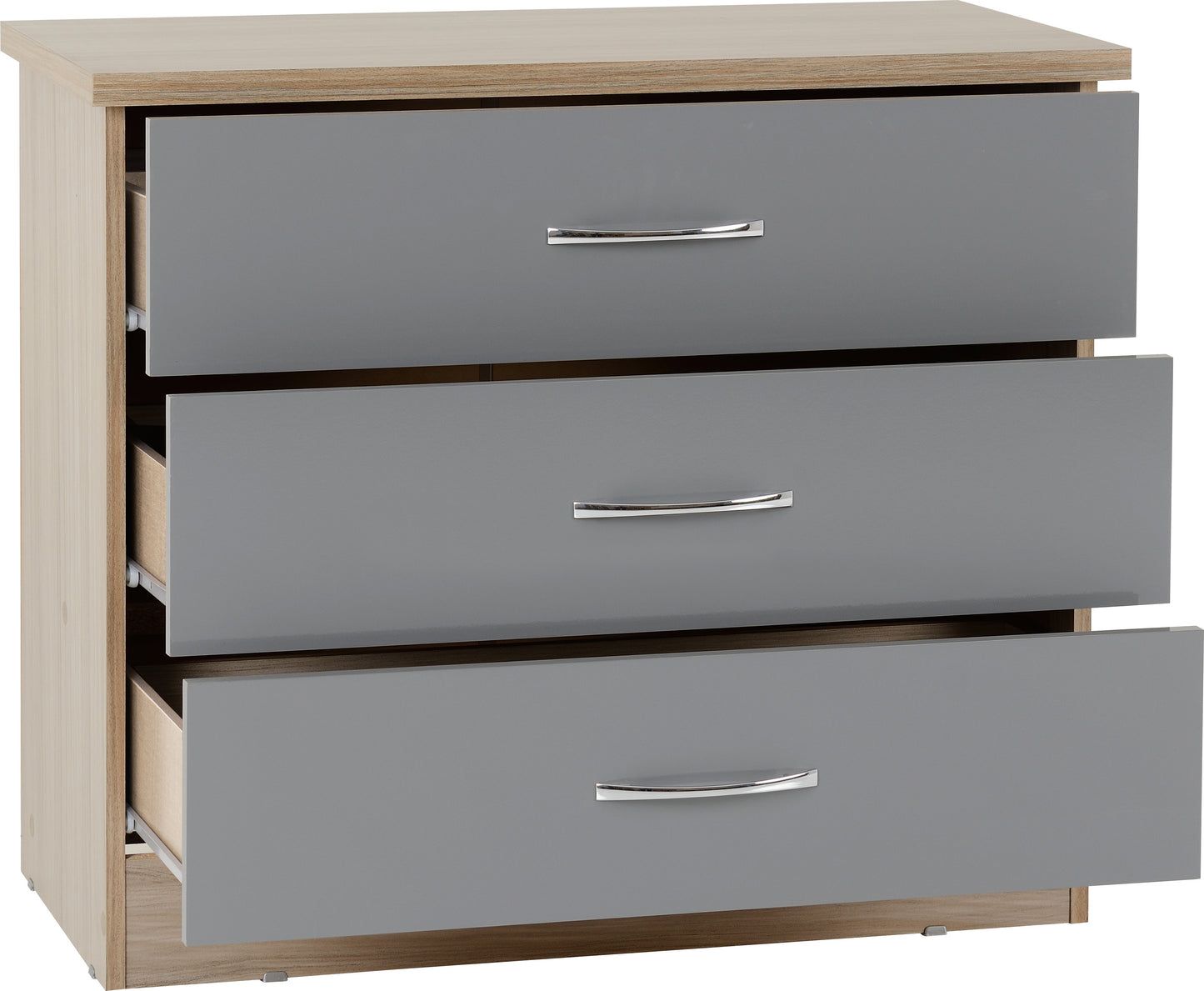 NEVADA 3 DRAWER CHEST - GREY GLOSS/LIGHT OAK EFFECT VENEER