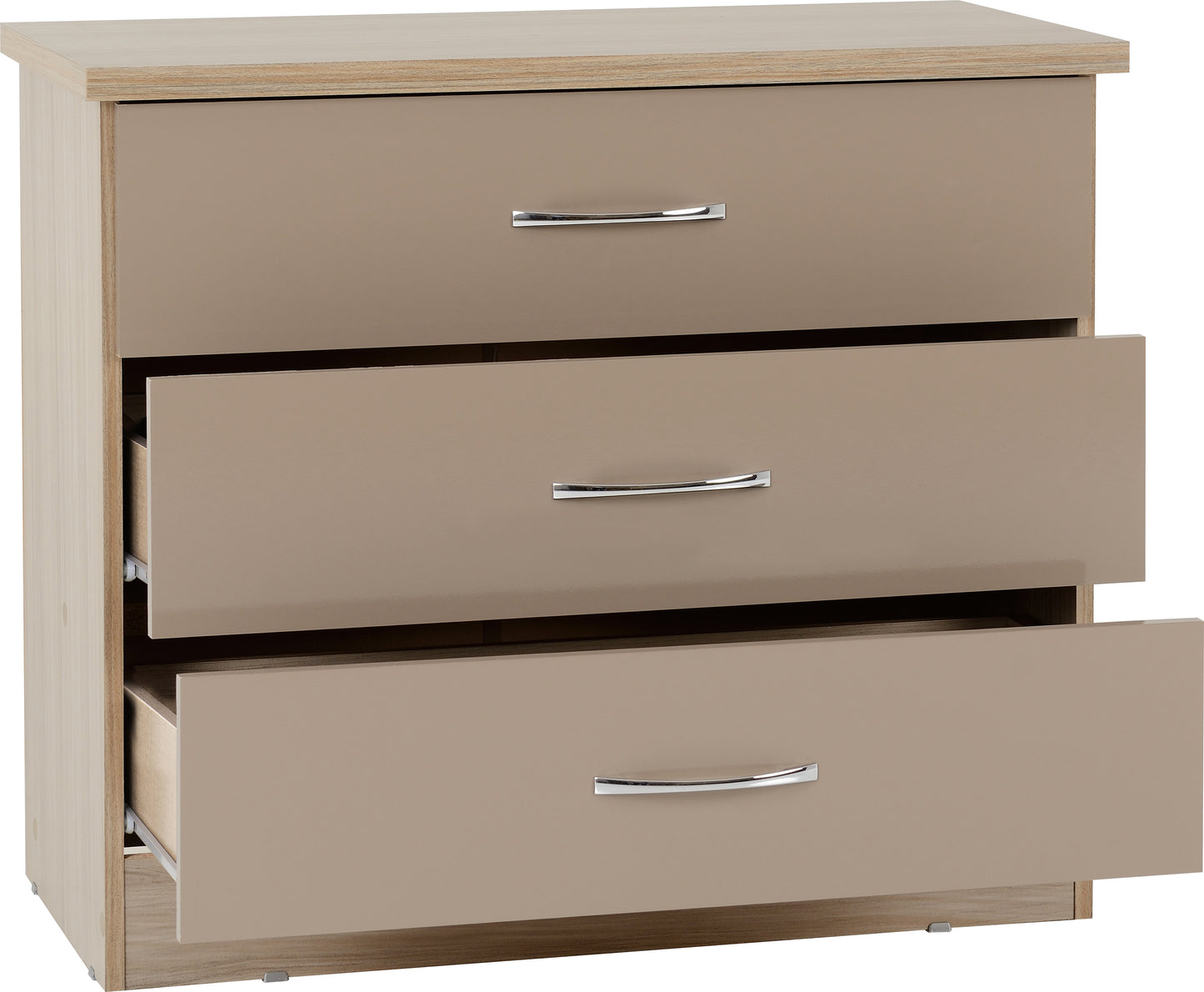 NEVADA 3 DRAWER CHEST - OYSTER GLOSS/LIGHT OAK EFFECT VENEER