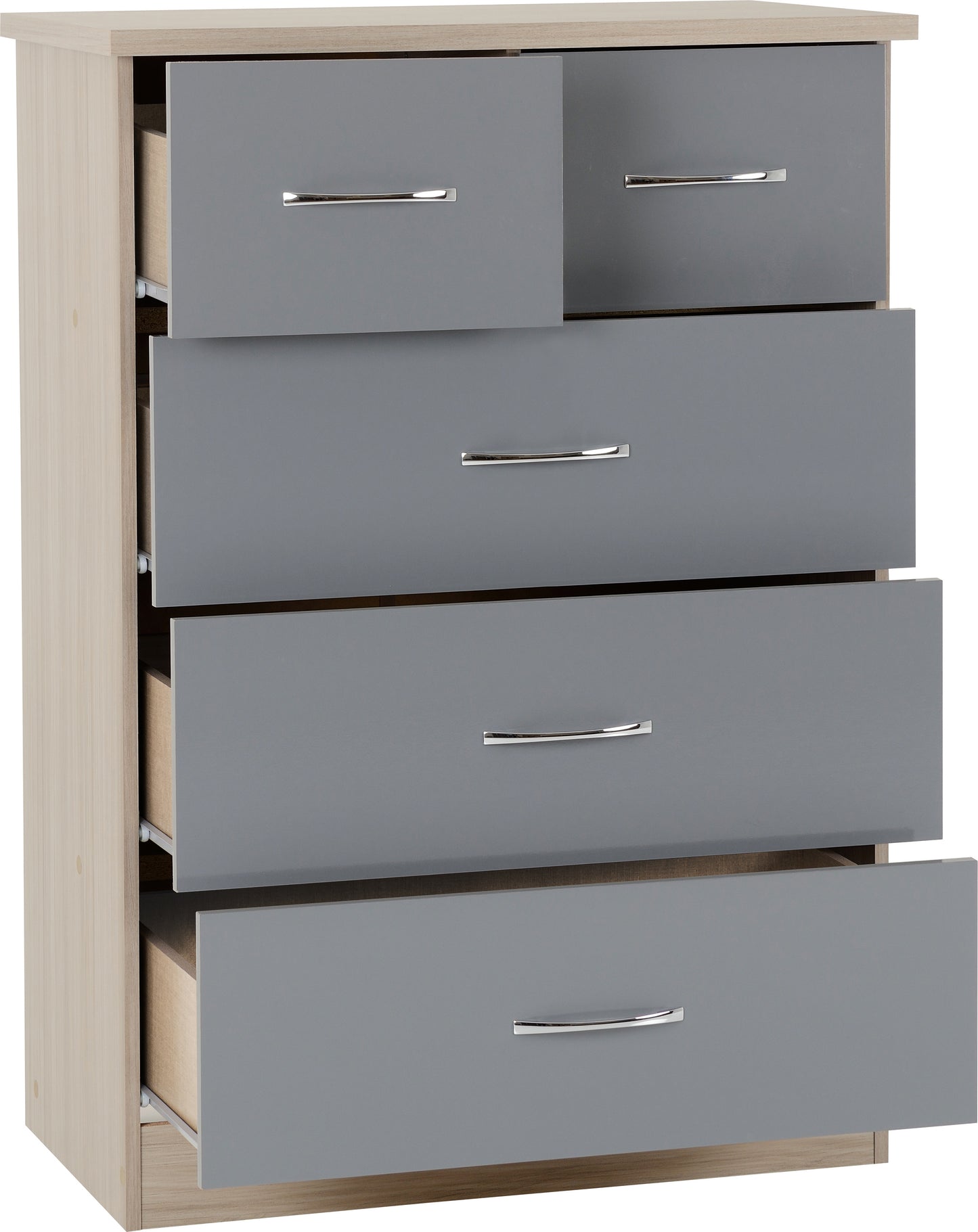 NEVADA 3+2 DRAWER CHEST - GREY GLOSS/LIGHT OAK EFFECT VENEER