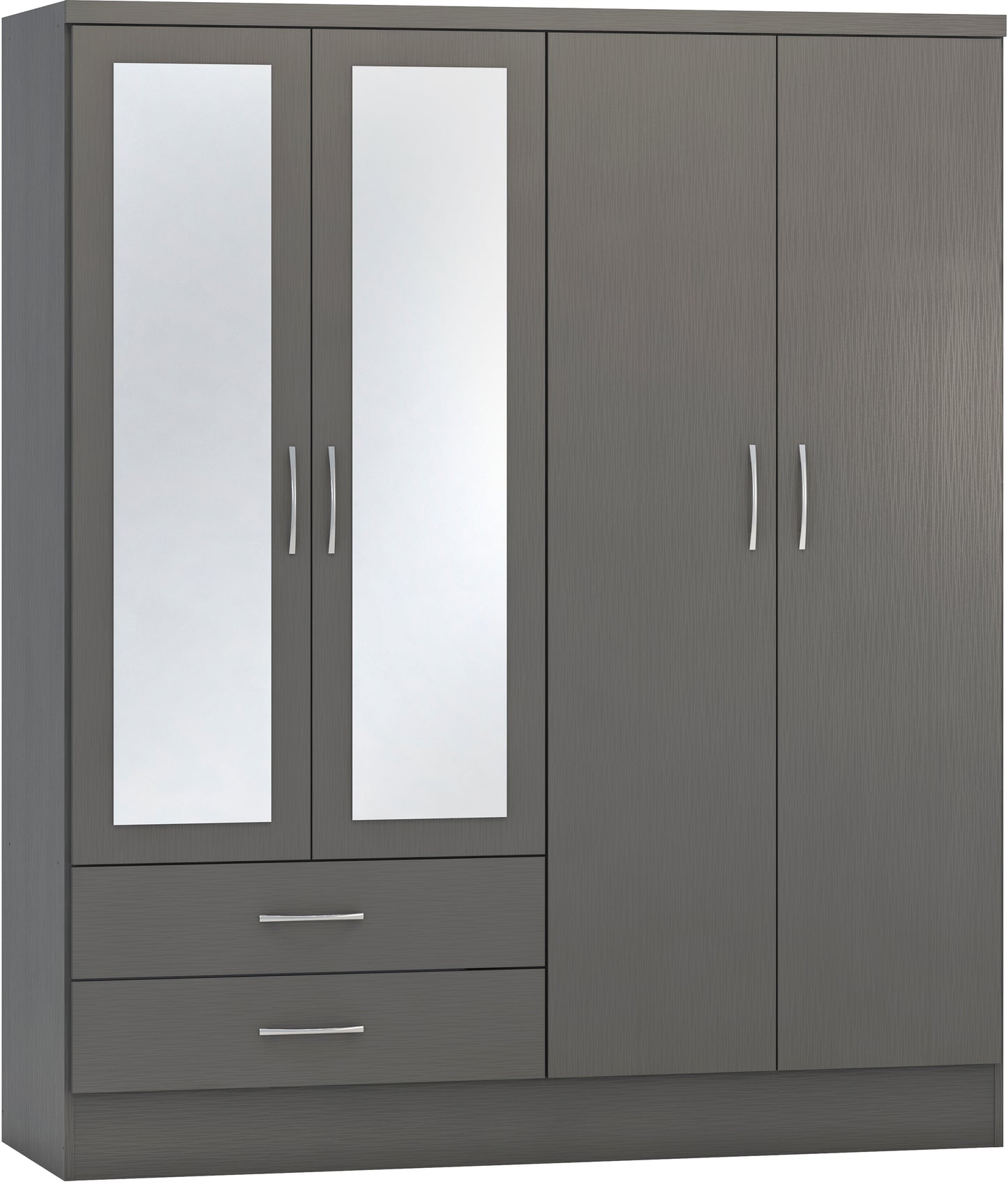 NEVADA 4 DOOR 2 DRAWER MIRRORED WARDROBE - 3D EFFECT GREY