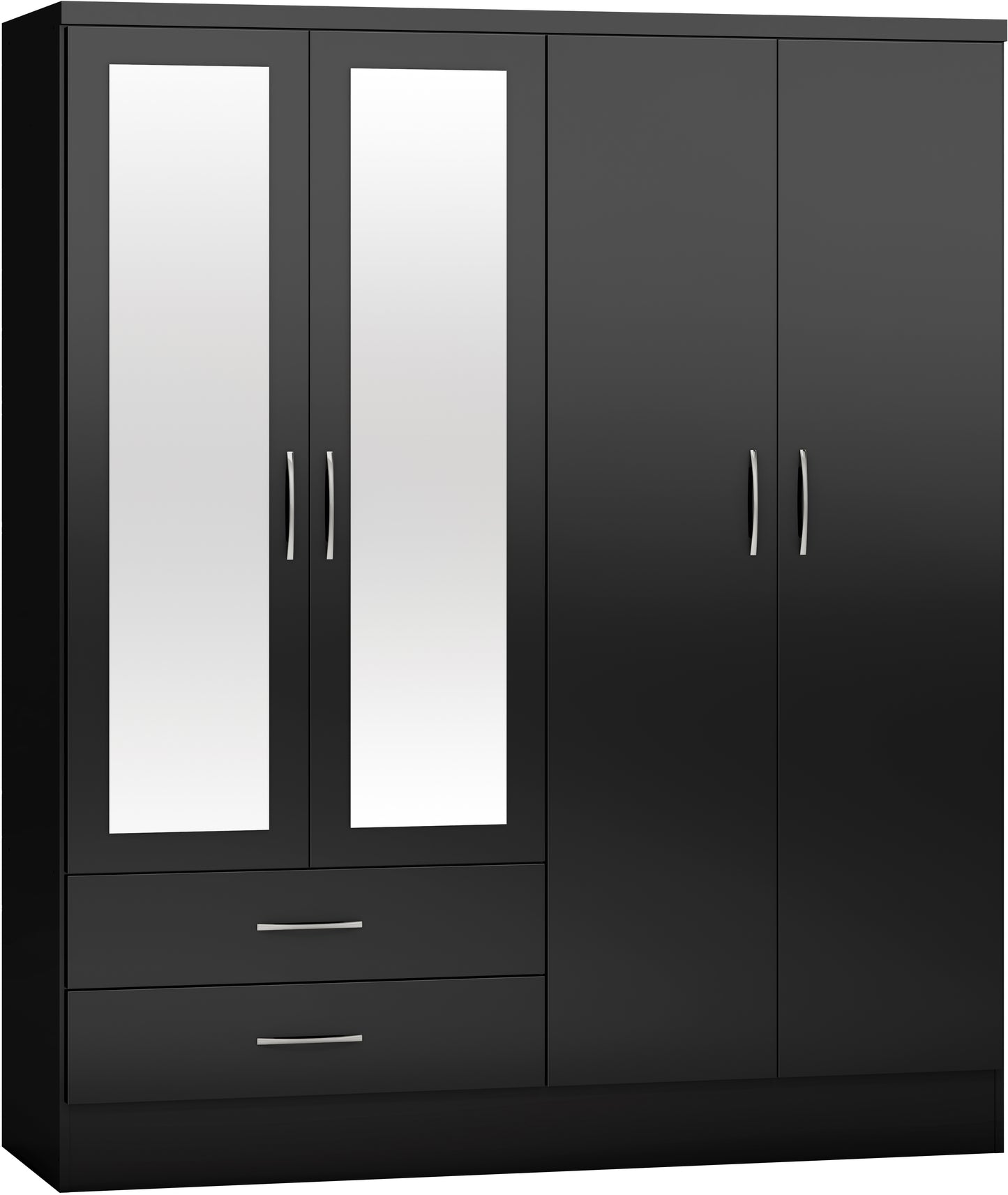 NEVADA 4 DOOR 2 DRAWER MIRRORED WARDROBE - BLACK GLOSS