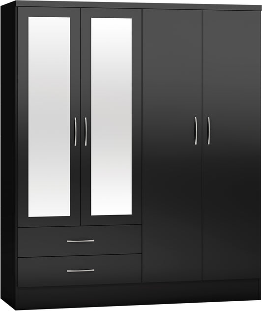 NEVADA 4 DOOR 2 DRAWER MIRRORED WARDROBE - BLACK GLOSS