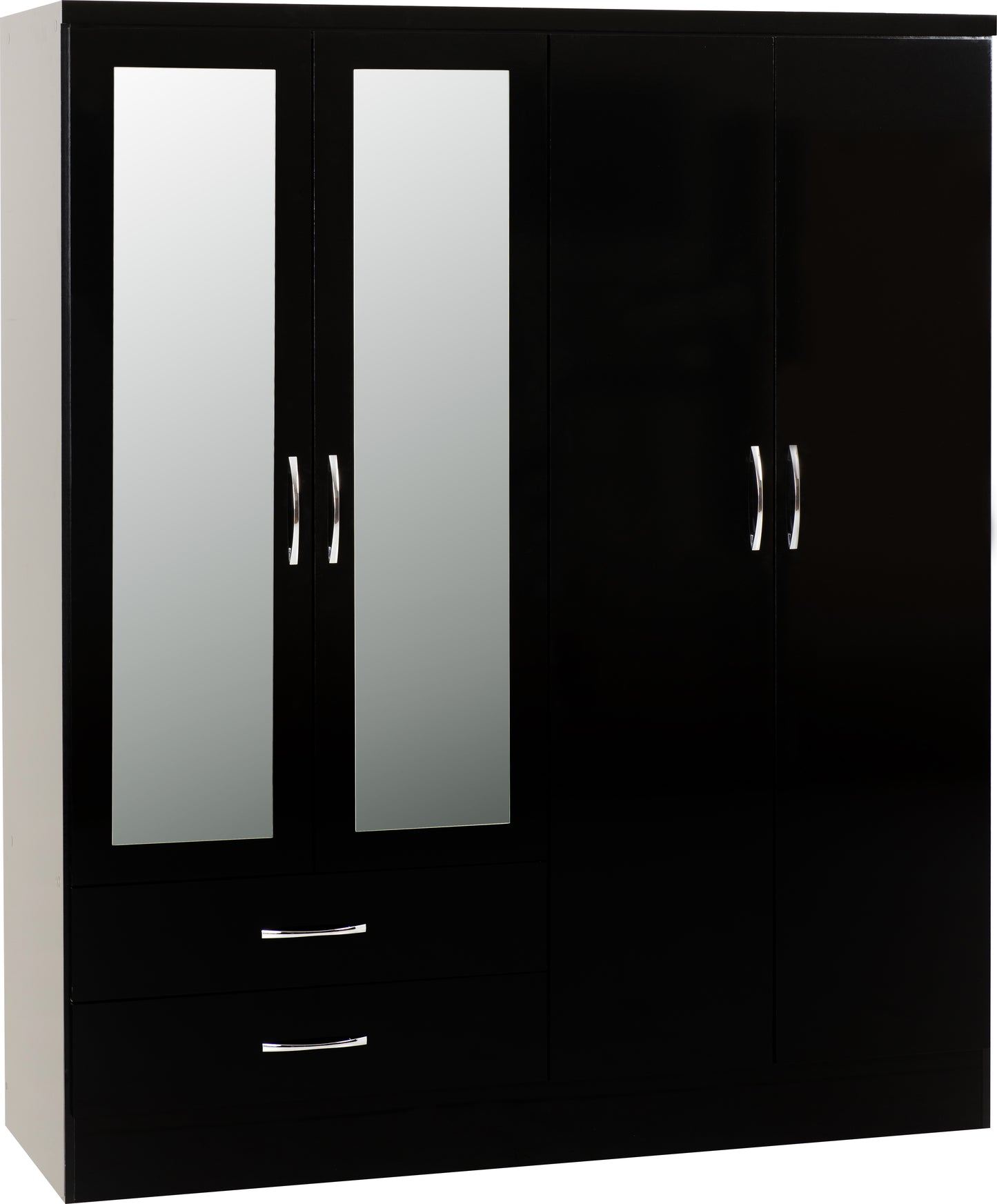 NEVADA 4 DOOR 2 DRAWER MIRRORED WARDROBE - BLACK GLOSS