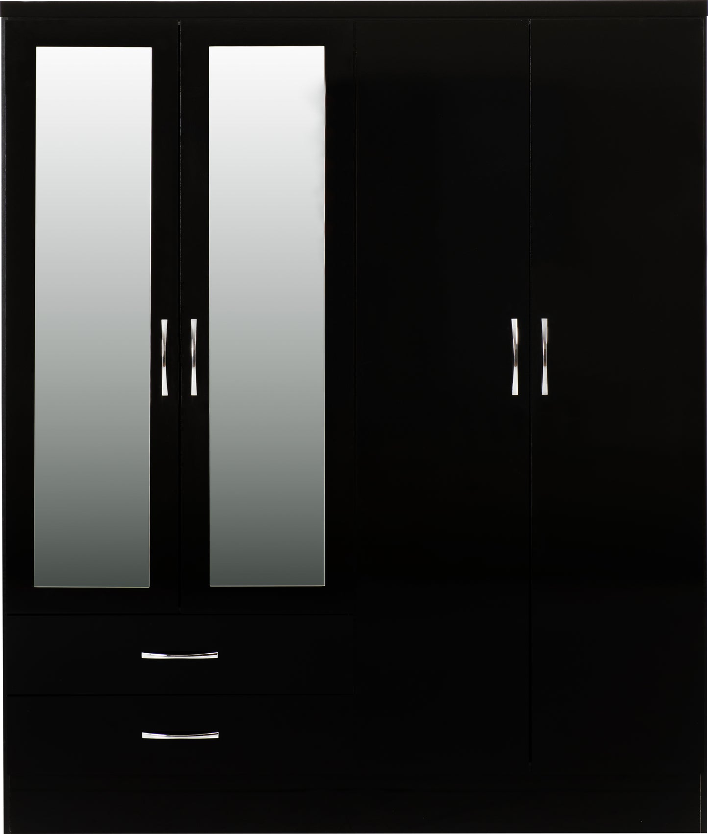 NEVADA 4 DOOR 2 DRAWER MIRRORED WARDROBE - BLACK GLOSS