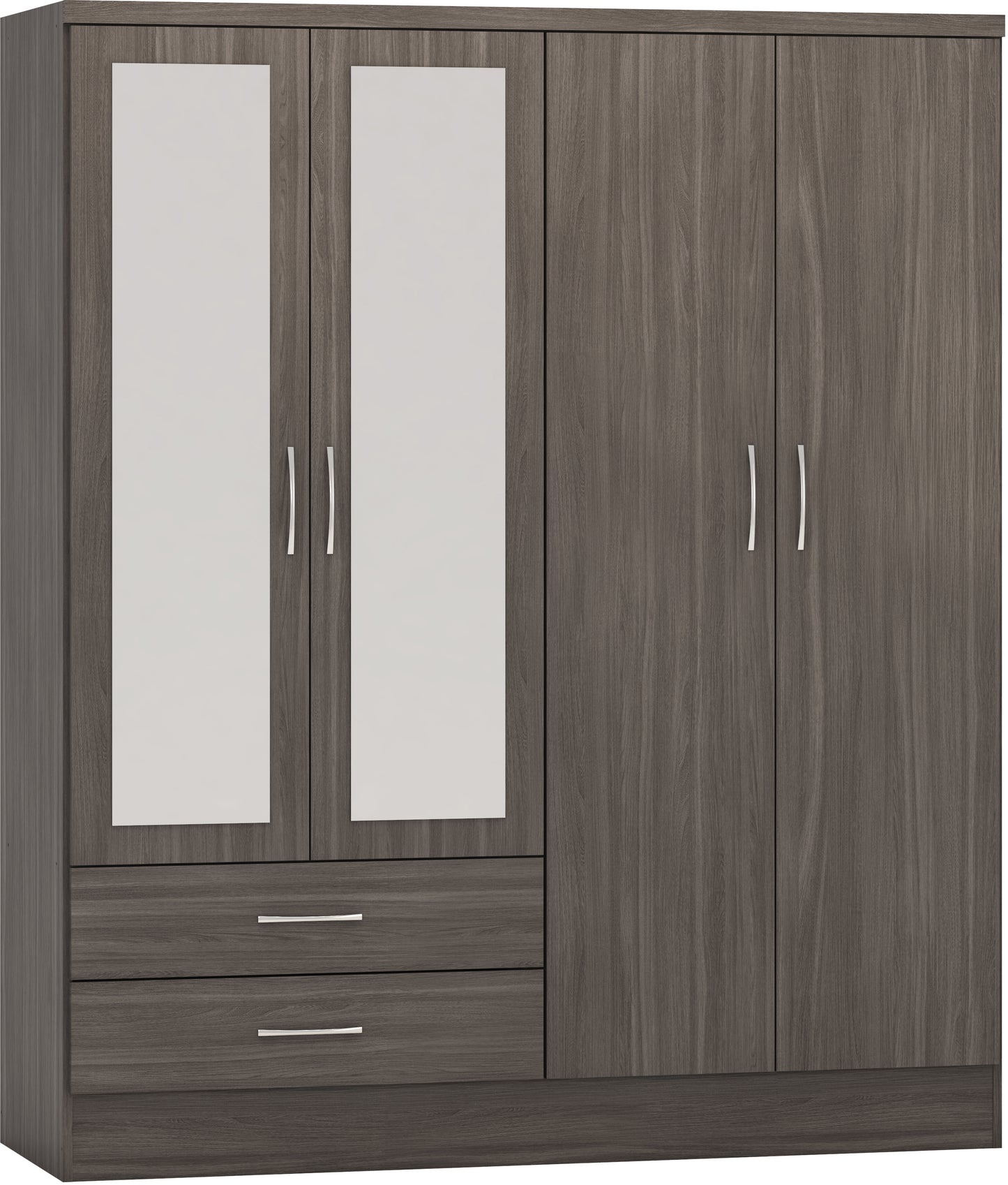 NEVADA 4 DOOR 2 DRAWER MIRRORED WARDROBE - BLACK WOOD GRAIN