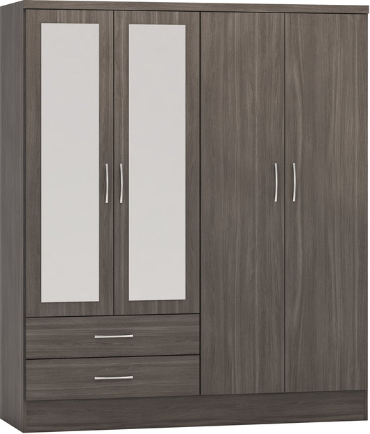 NEVADA 4 DOOR 2 DRAWER MIRRORED WARDROBE - BLACK WOOD GRAIN