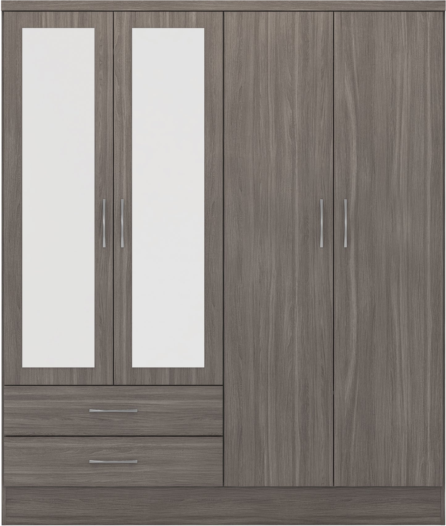 NEVADA 4 DOOR 2 DRAWER MIRRORED WARDROBE - BLACK WOOD GRAIN