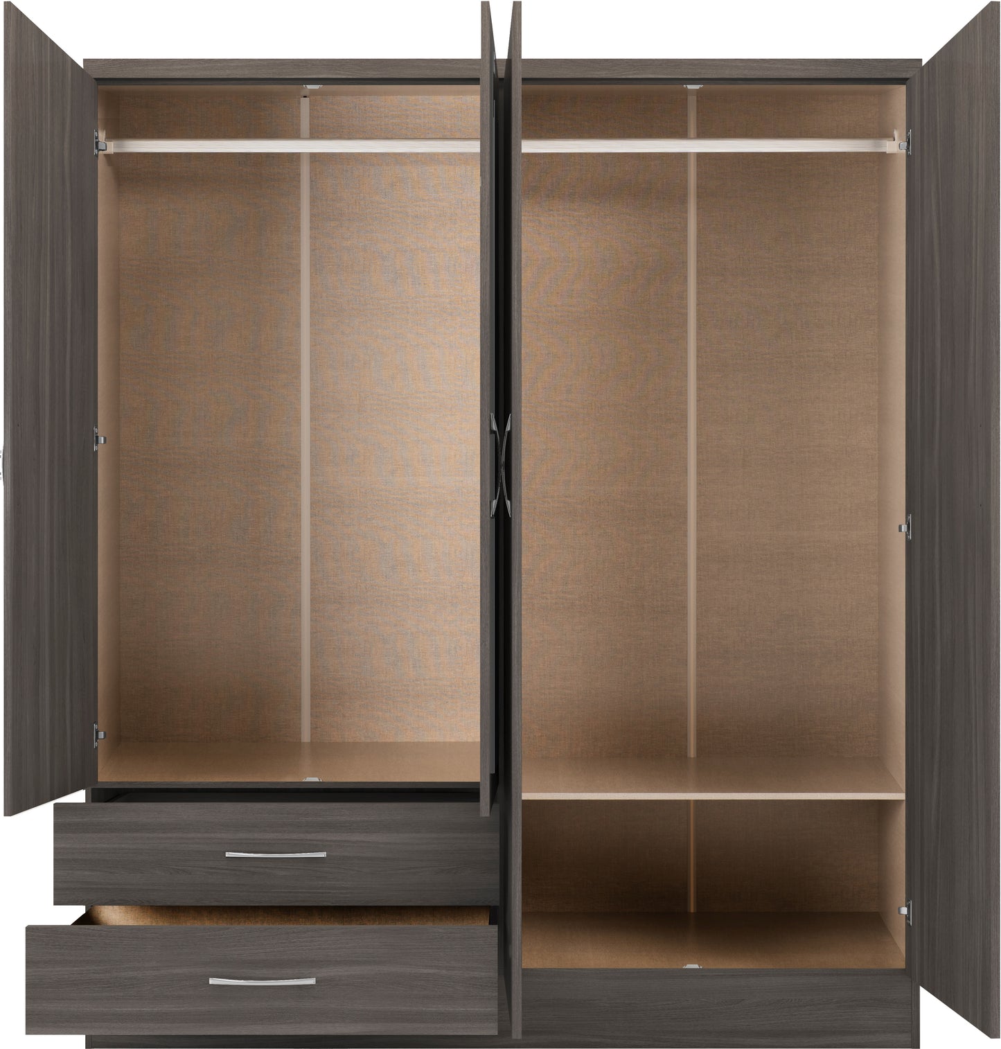 NEVADA 4 DOOR 2 DRAWER MIRRORED WARDROBE - BLACK WOOD GRAIN