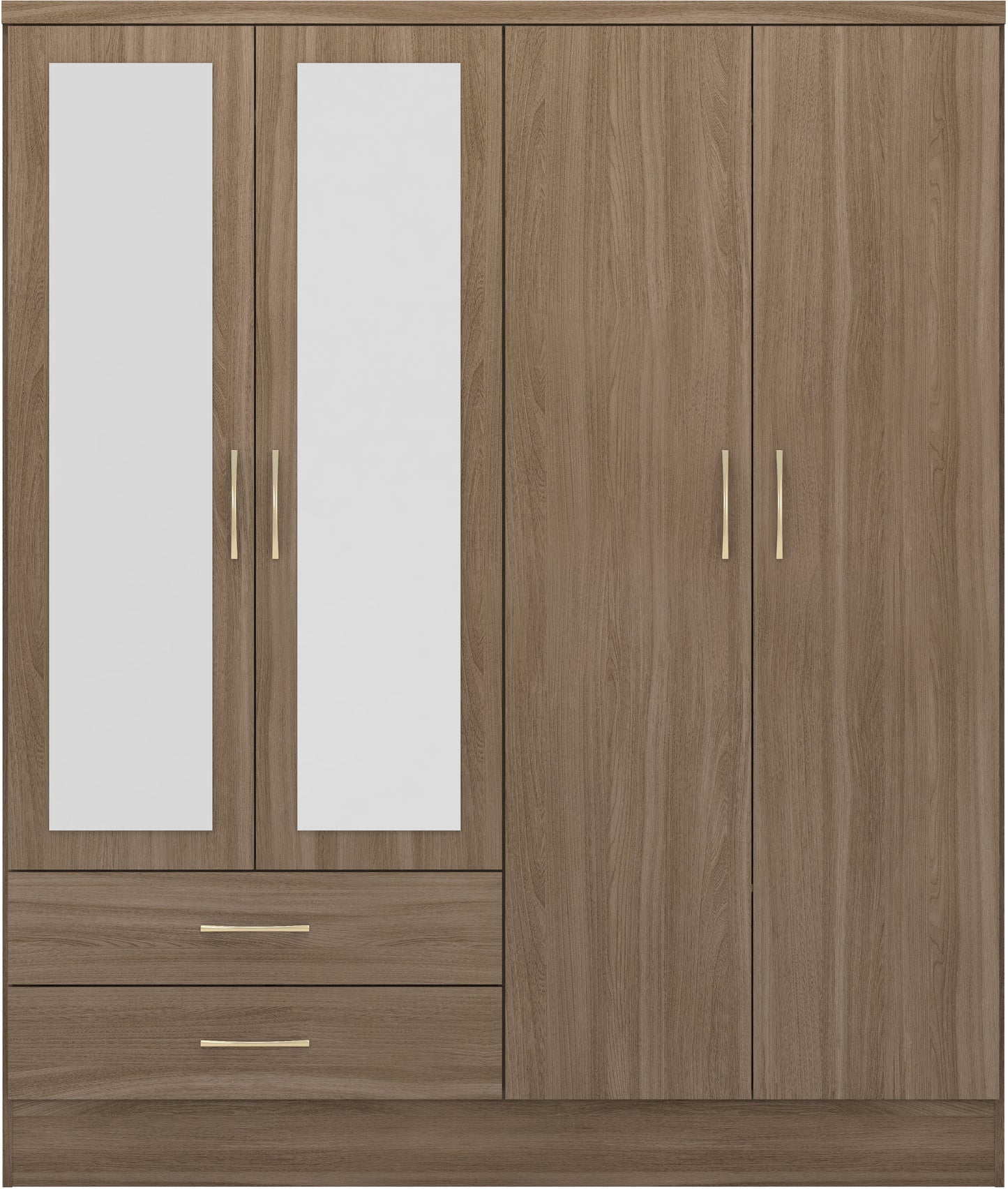 NEVADA 4 DOOR 2 DRAWER MIRRORED WARDROBE - RUSTIC OAK EFFECT