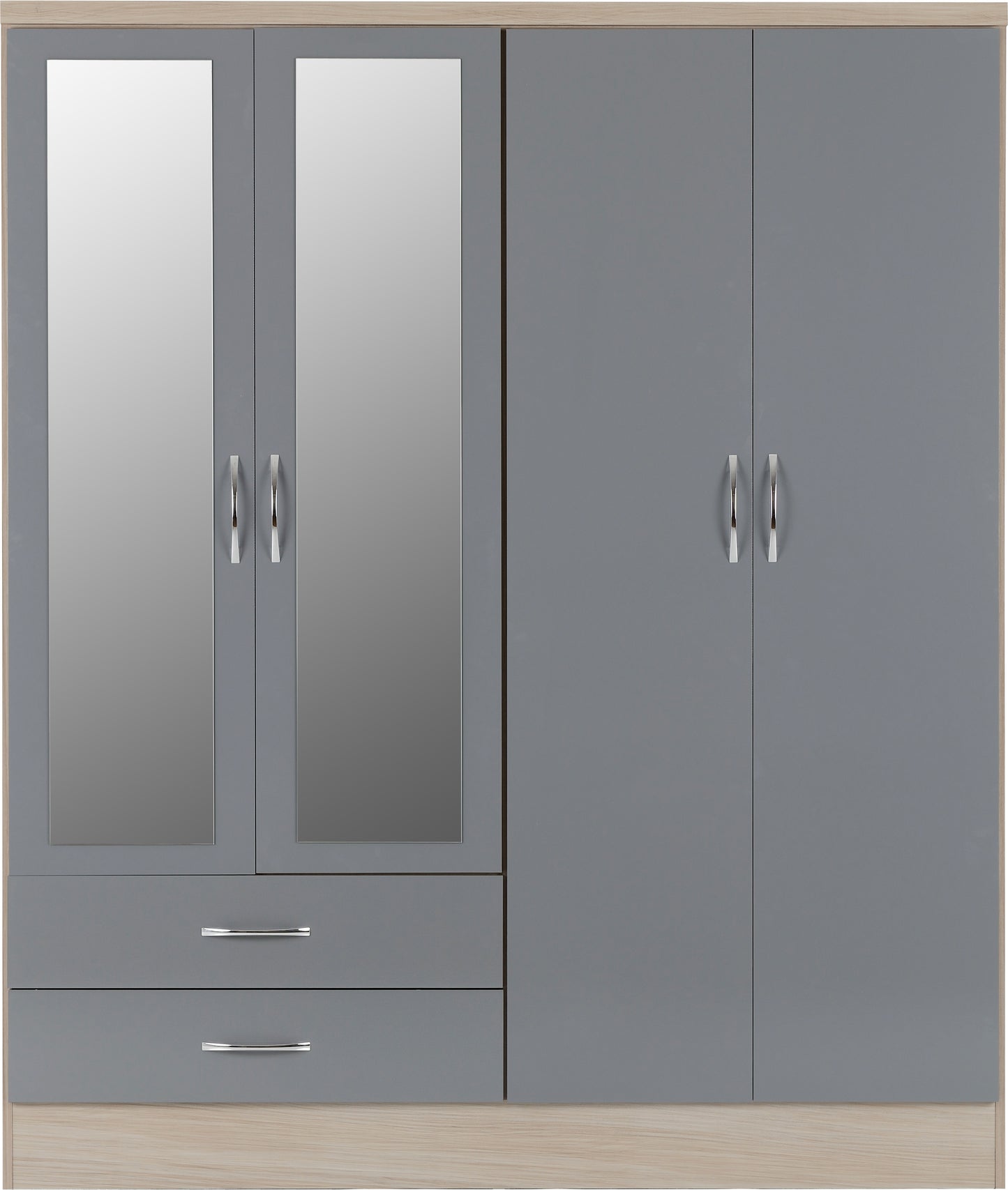 NEVADA 4 DOOR 2 DRAWER MIRRORED WARDROBE - GREY GLOSS/LIGHT OAK EFFECT VENEER