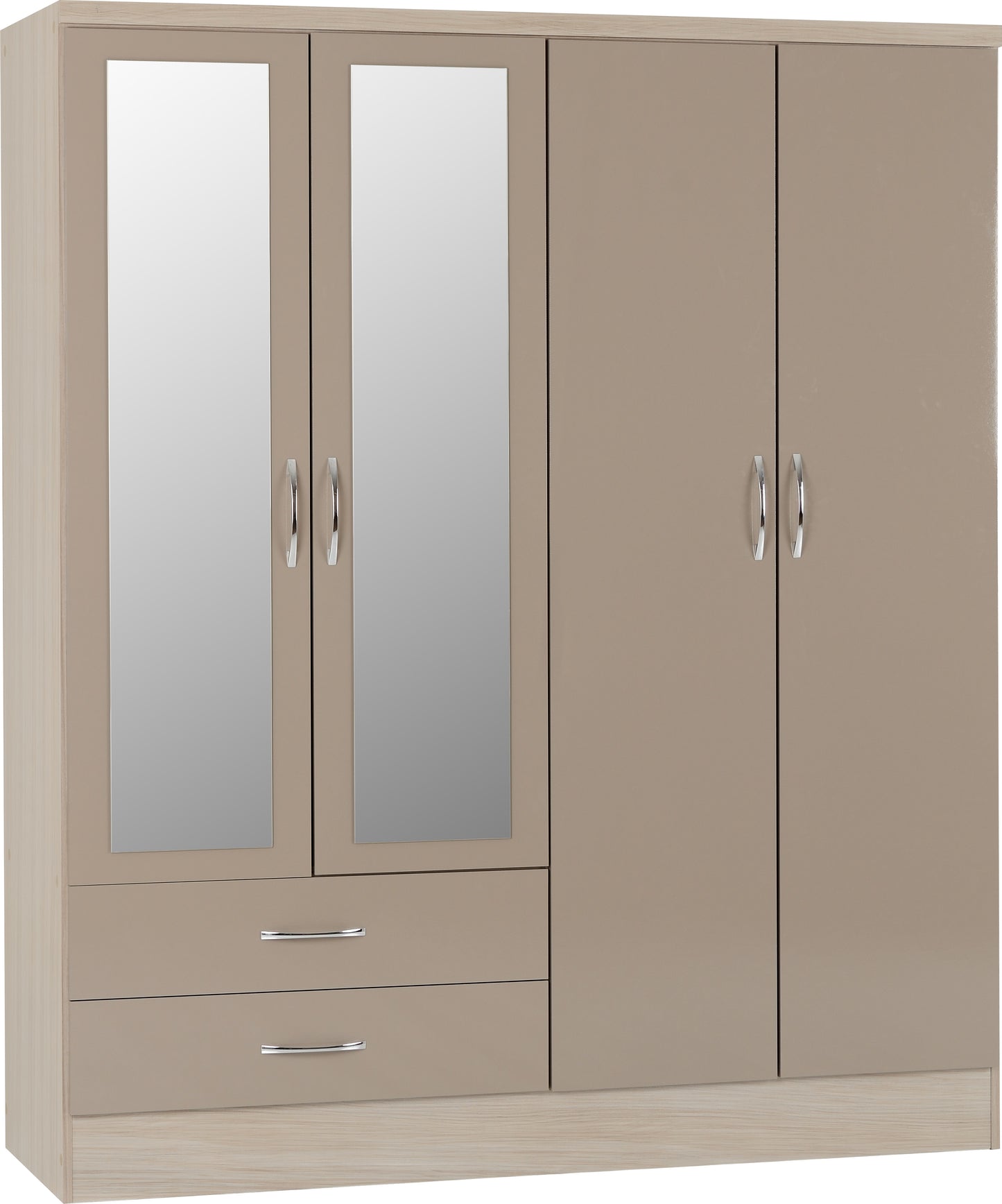 NEVADA 4 DOOR 2 DRAWER MIRRORED WARDROBE - OYSTER GLOSS/LIGHT OAK EFFECT VENEER