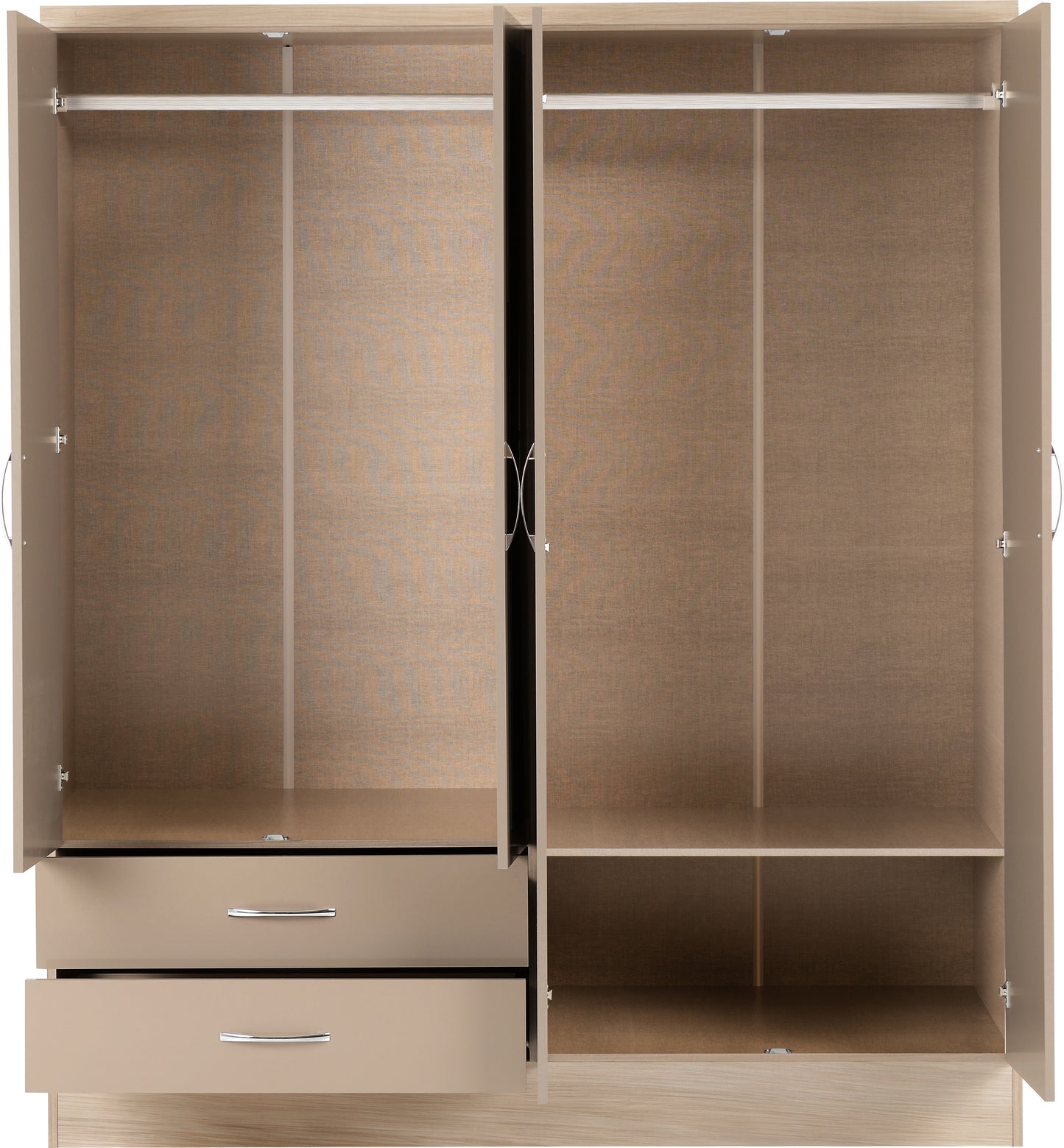 NEVADA 4 DOOR 2 DRAWER MIRRORED WARDROBE - OYSTER GLOSS/LIGHT OAK EFFECT VENEER